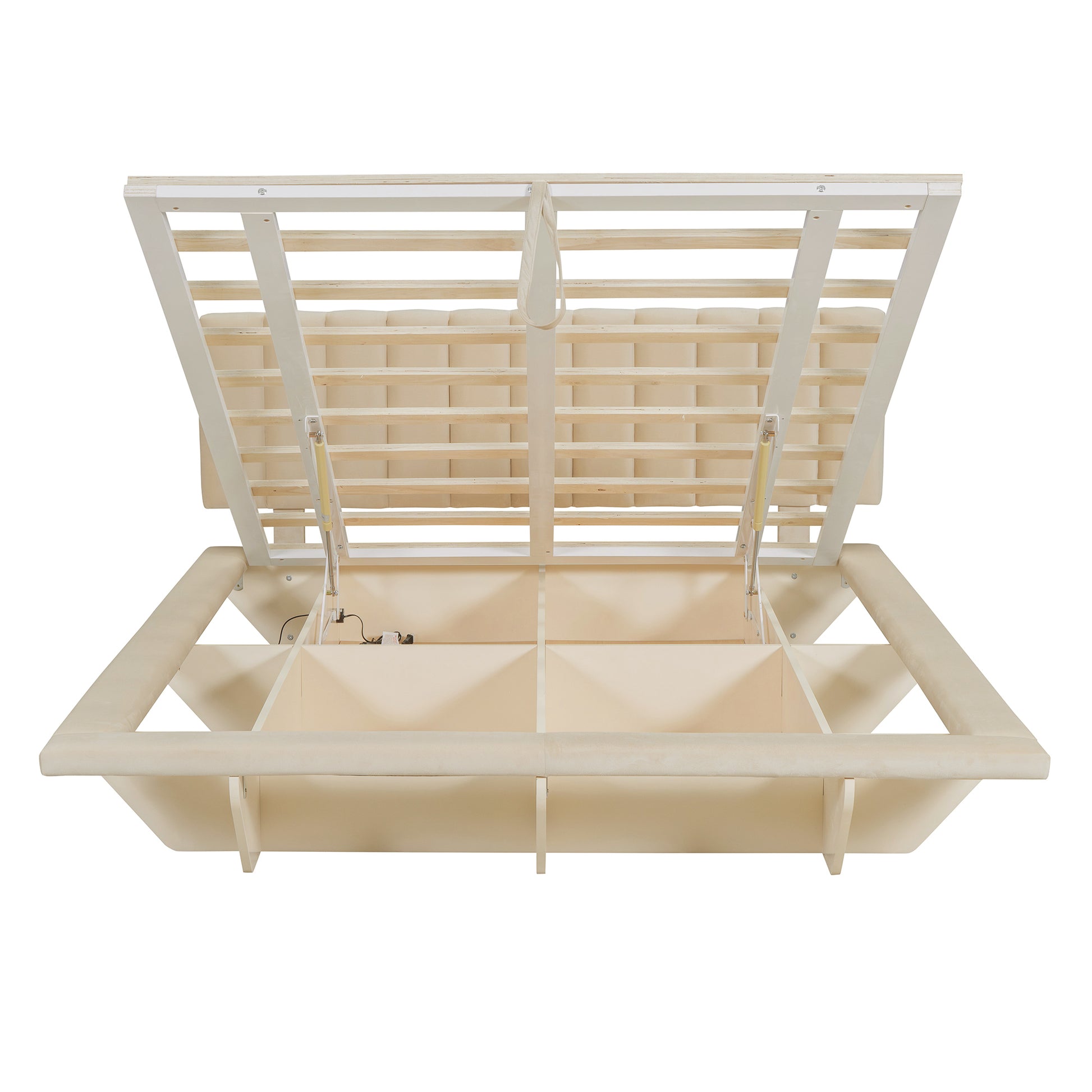 Queen Size Upholstered Floating Bed With Led Light And Usb Port, Velvet, Beige, Hydrualic Platform Bed Queen Beige Velvet