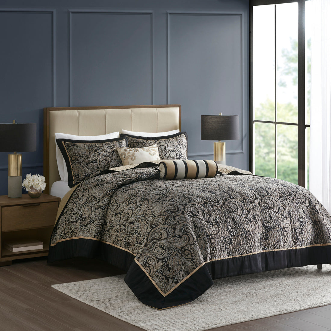 5 Piece Jacquard Bedspread Set With Throw Pillows Black King King Black Cotton