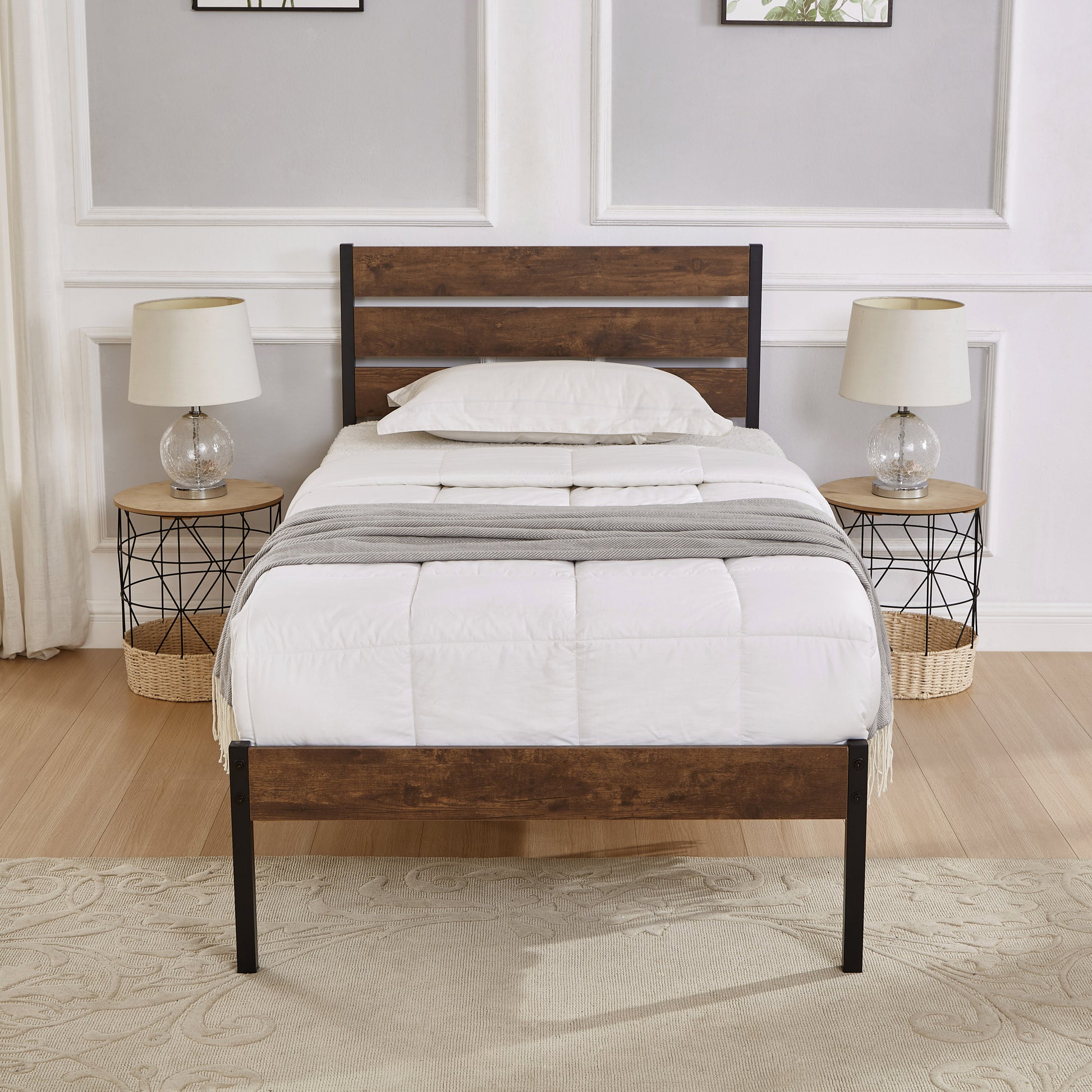 Twin Size Bed Frame With Wood Headboard, Metal Frame With Strong Slats, Noise Free,No Box Spring Needed Brown Twin Brown Metal & Wood