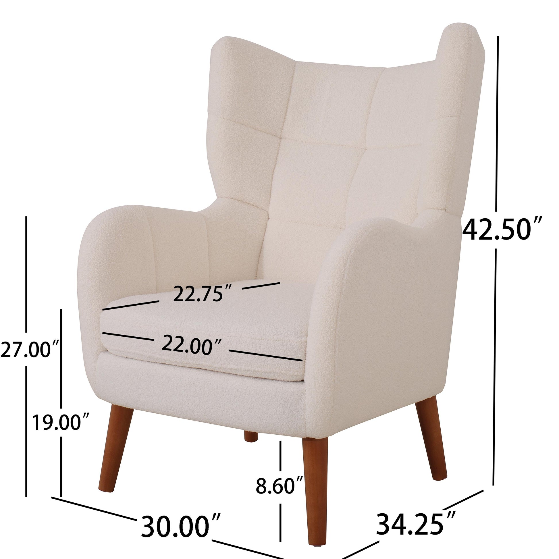 Mid Century Accent Chair, Ivory White, Modern Retro Club Chair, Birch Frame, Upholstered Teddy Wool Fabric, Single Sofa Armchair For Small Spaces, Living Room, Bedroom, Reading Corner, Balcony,Office Ivory White Espresso Primary Living Space