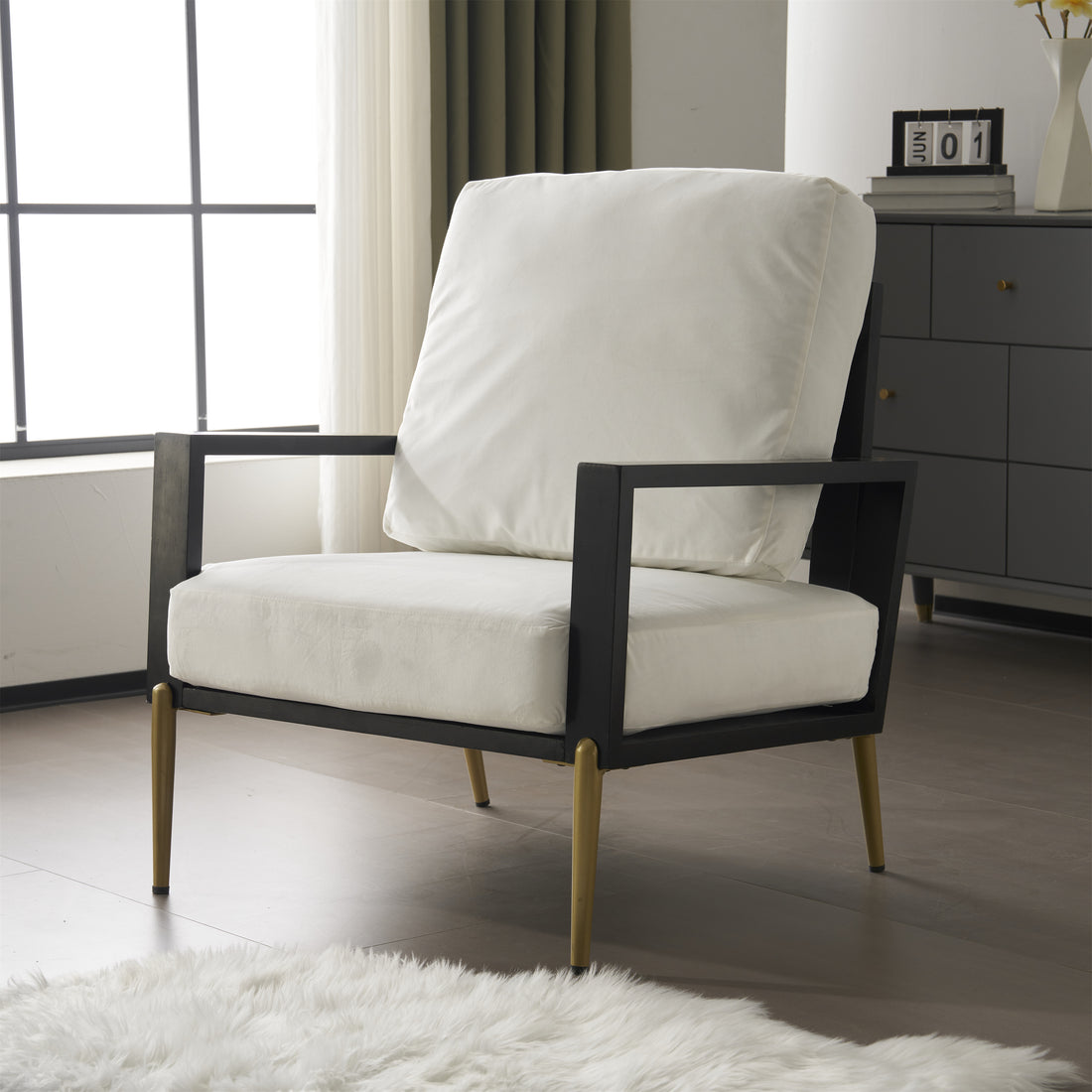 Modern Low Back White Upholstered Accent Armchair With Gold Metal Legs & Rubberwood Frame, Chic Wide Armrest Minimalist Lounge Chair With Pillow Back, Single Sofa Chair For Living Room&Balcony
