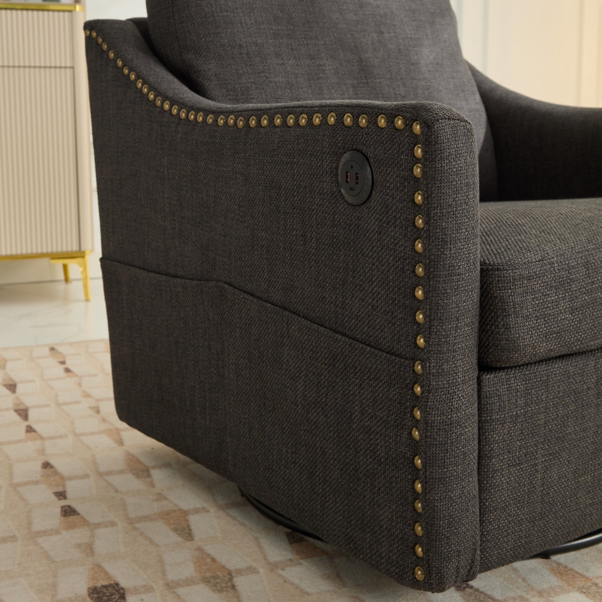 Dark Grey 360 Degree Swivel Rotating Accent Chair With Usb And Magazine Book For Living Room And Hotel Bed Room,Upholstered Accent Chair With Cooper Nail Dark Grey White Primary Living Space American Design,Classic,Modern Pine Foam Wood Fabric