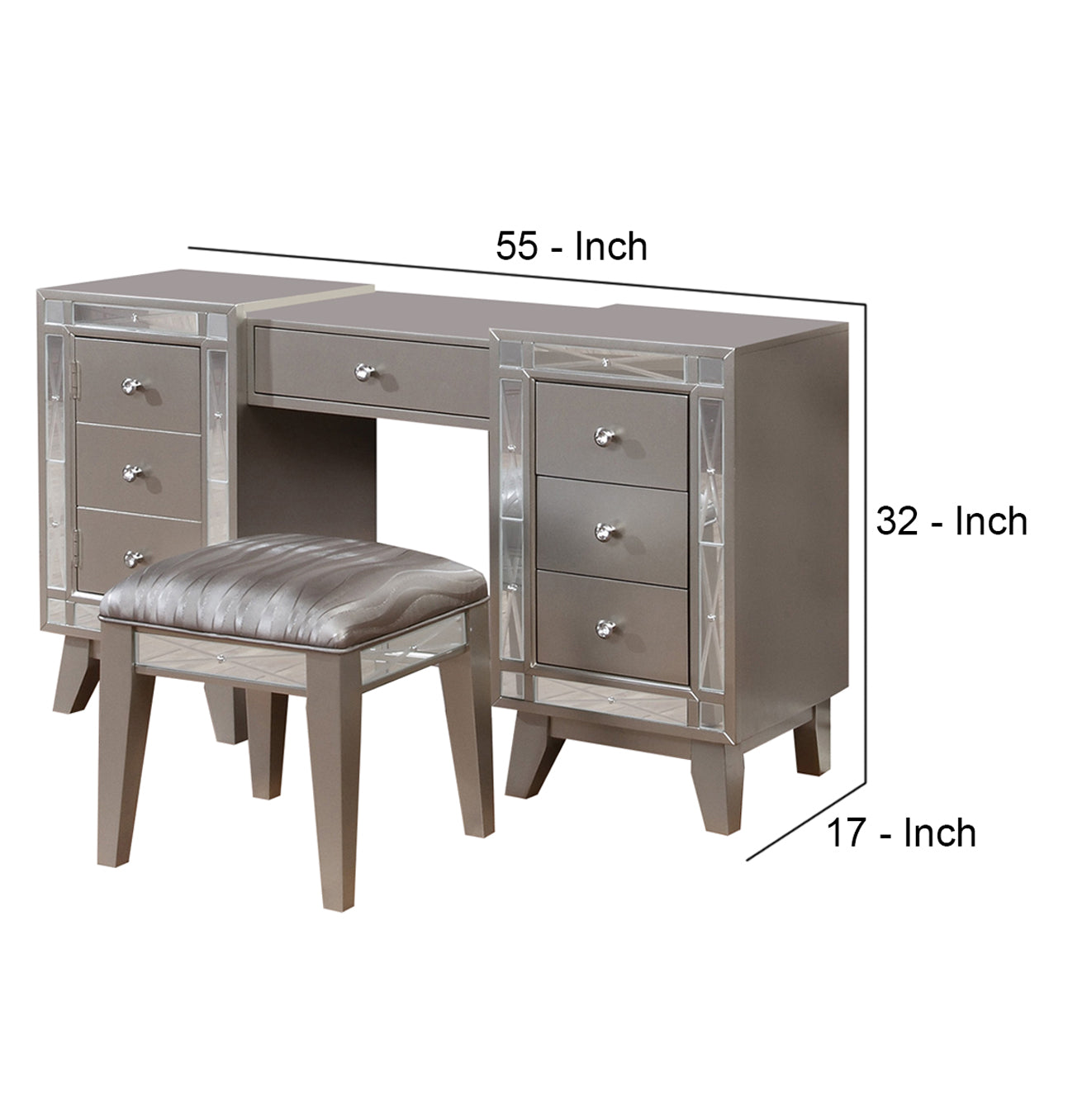 Wooden Set Of Vanity And Stool With Mirrored Accents, Mercury Silver Silver Wood