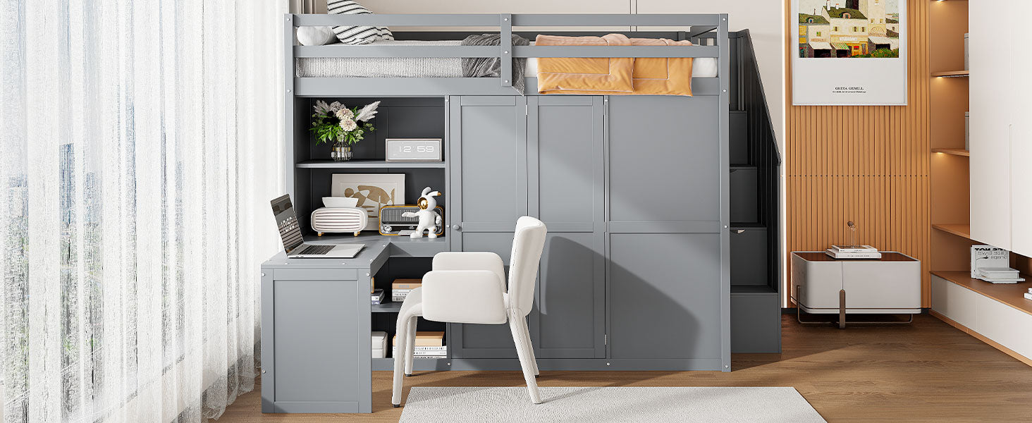 Full Size Loft Bed With Wardrobe,Desk And Shelves,Grey Grey Mdf Lvl