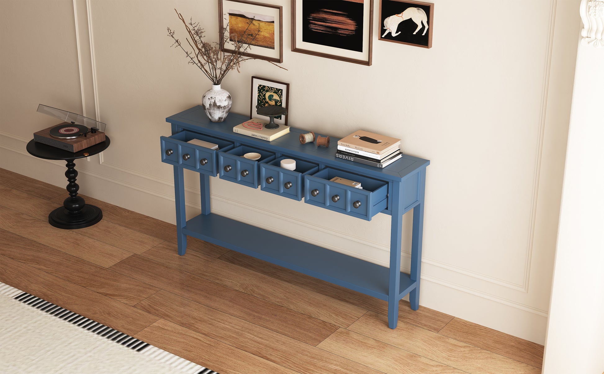 Rustic Entryway Console Table, 60" Long Sofa Table With Two Different Size Drawers And Bottom Shelf For Storage Antique Navy Antique Navy Solid Wood