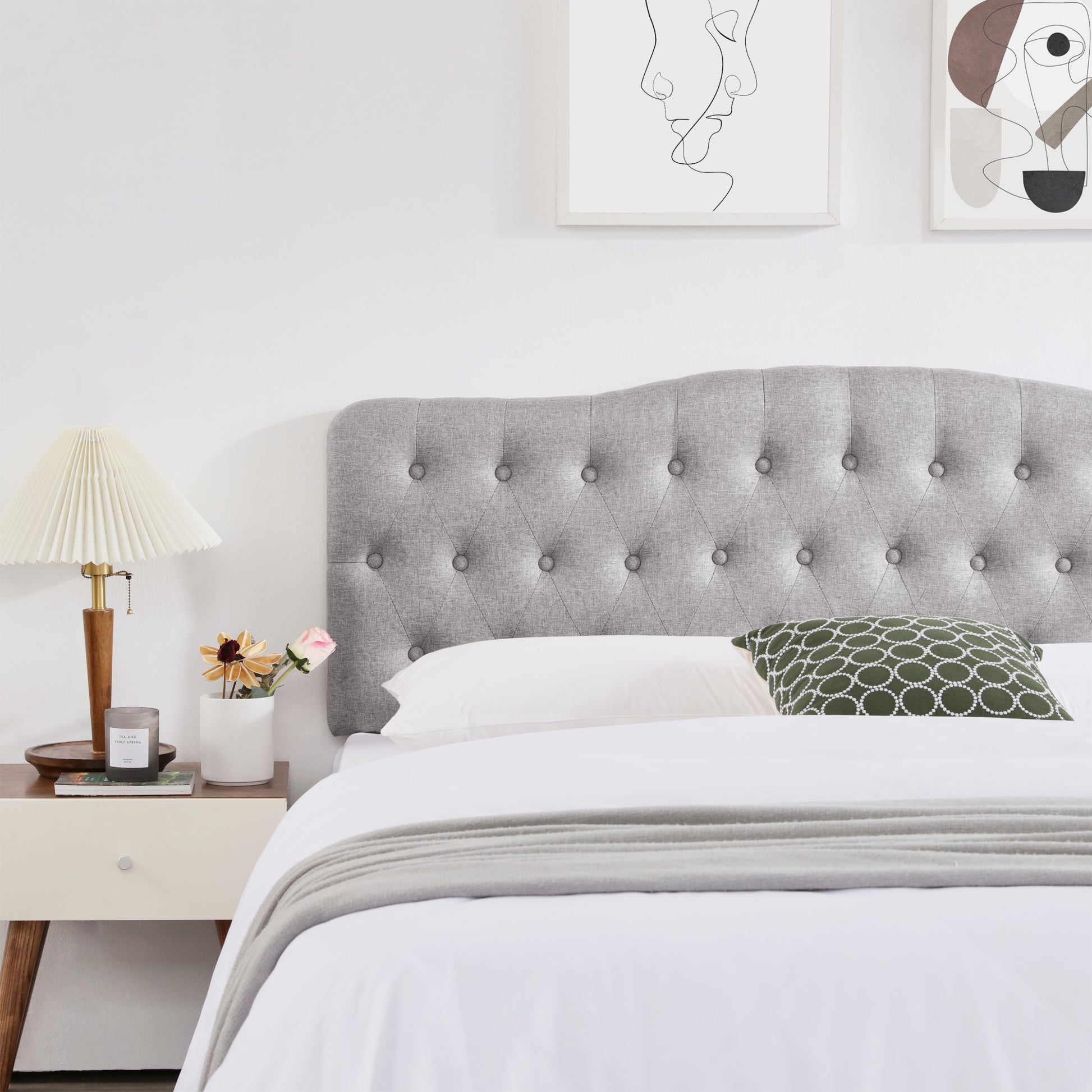 Upholstered Twin Headboard, Button Diamond Tufted Headboard With Adjustable Height And Solid Wood Leg, Linen Fabric Padded Headboard For Twin Size Bed, Mordern Head Board, Grey Twin Grey Bedroom Bed Frame Linen Fabric Metal