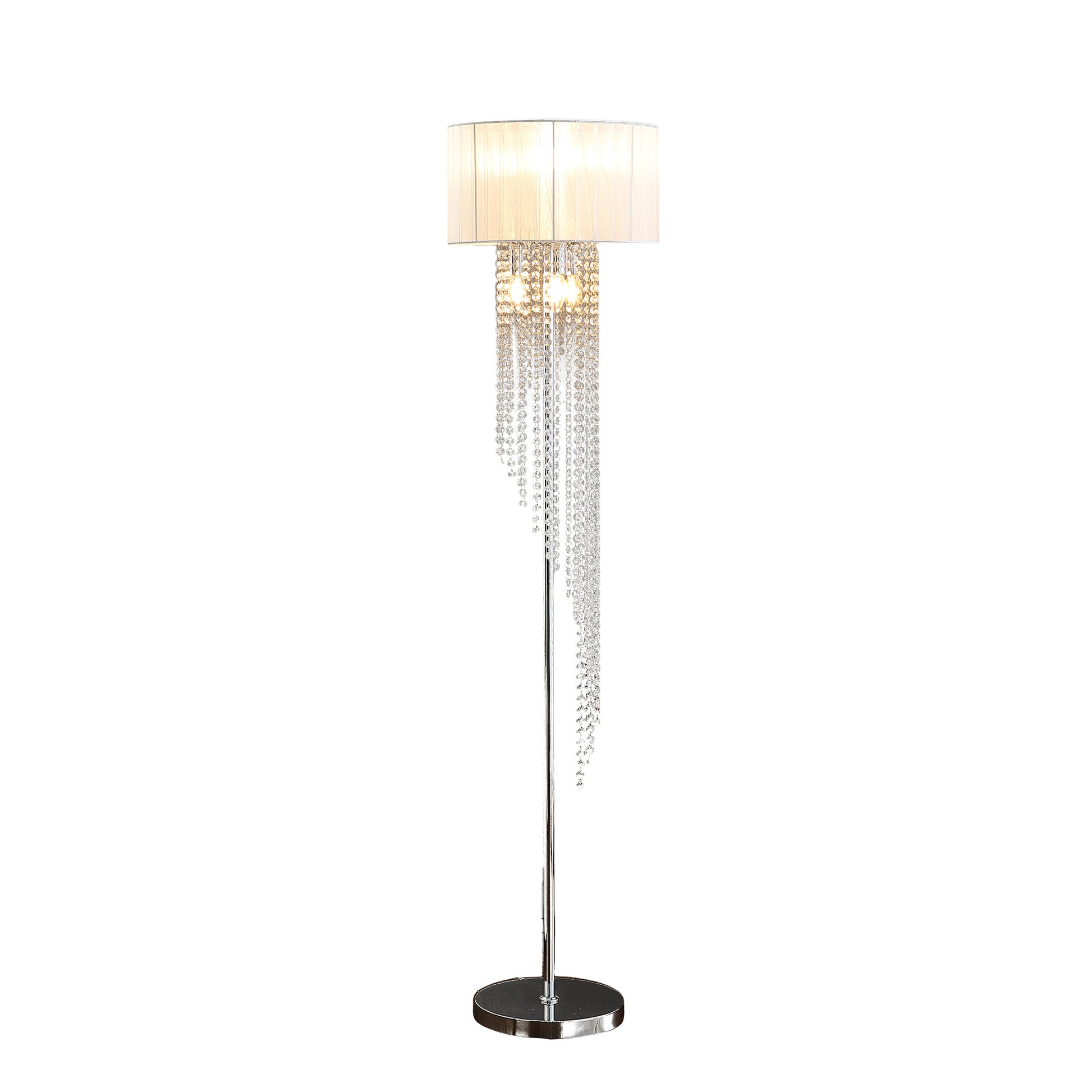 65.75"H Sheer White Drum Shade Rain Crystal Chrome Metal Floor Lamp For Living Room, Standing Lamp For Bedroom Silver White Metal