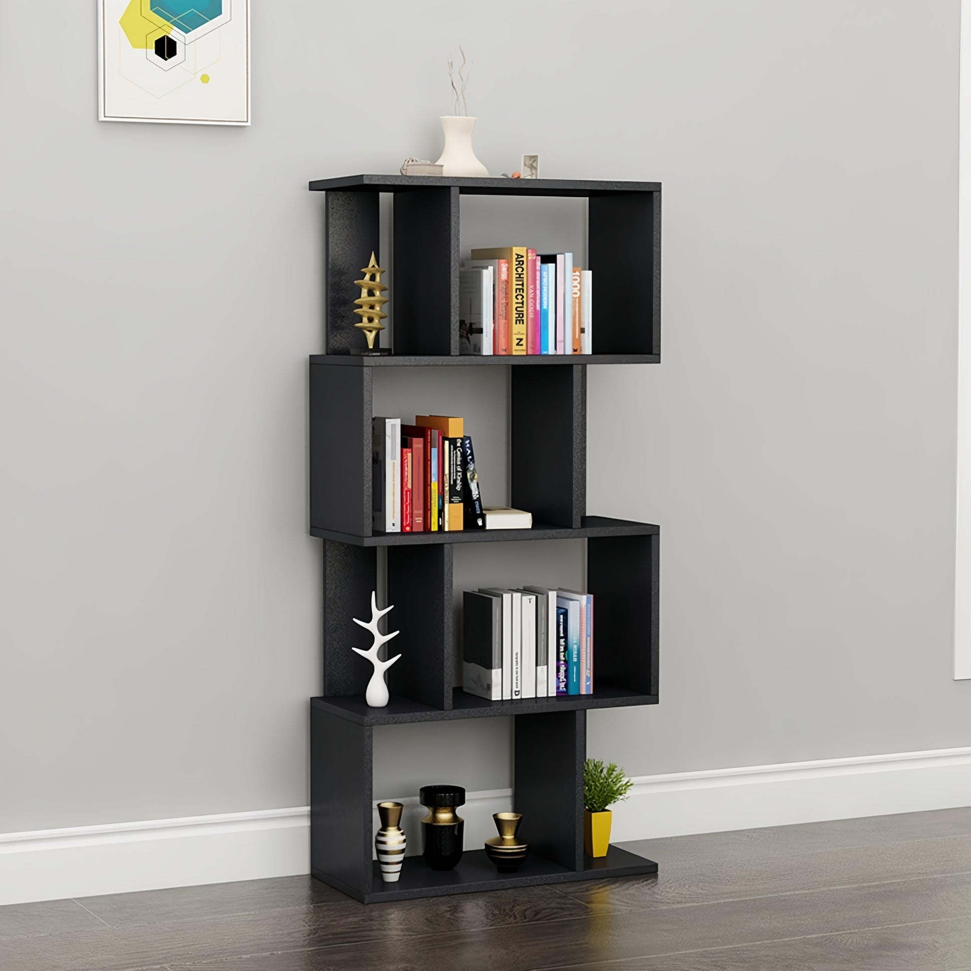 Dfw 4 Tier Storage Shelf S Shaped Bookcase, Multifunctional Wooden Display Decor Furniture, Free Standing Industrial Storage Rack For Living Room Bedroom Office, Modern 4 Shelf Bookcase 1 Black 4