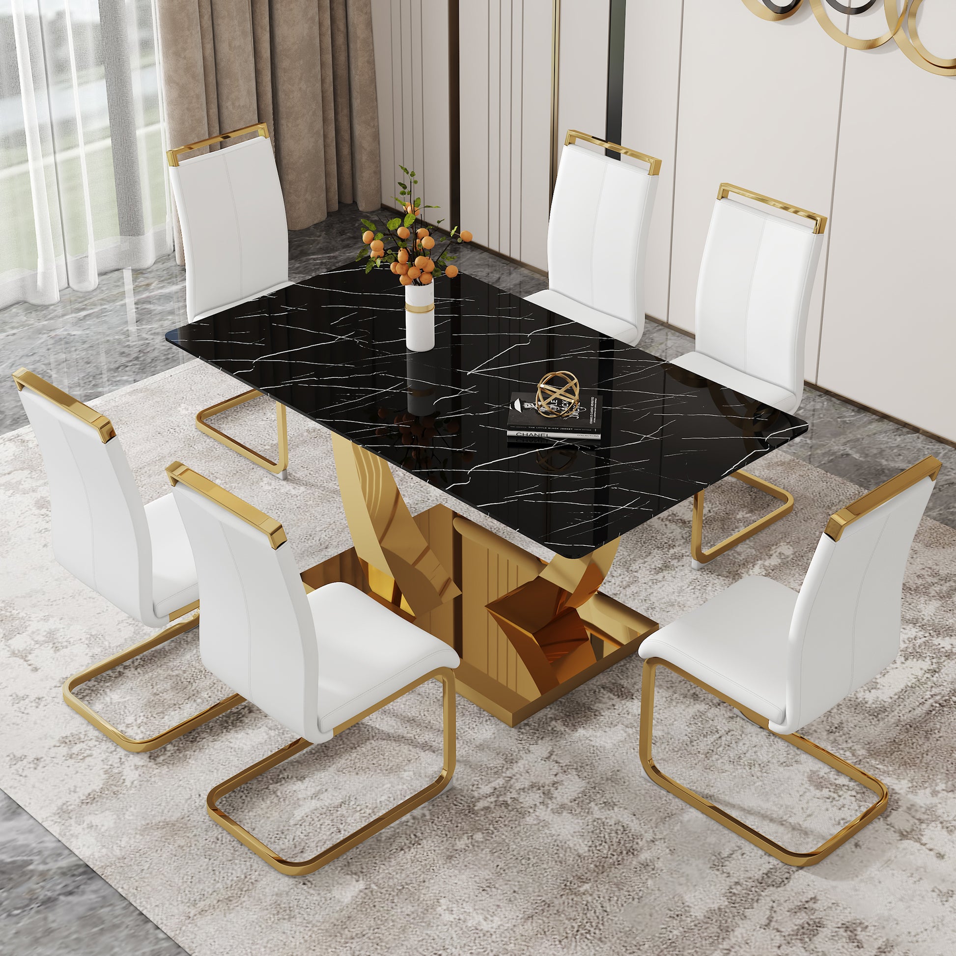 Table And Chair Set.Modern Rectangular Dining Table With Black Textured Stickers Glass Tabletop And Gold Plated Metal Legs.Paried With 6 Comfortable Chairs With Pu Seats And Golden Metal Legs. White Gold Seats 6 Glass Metal