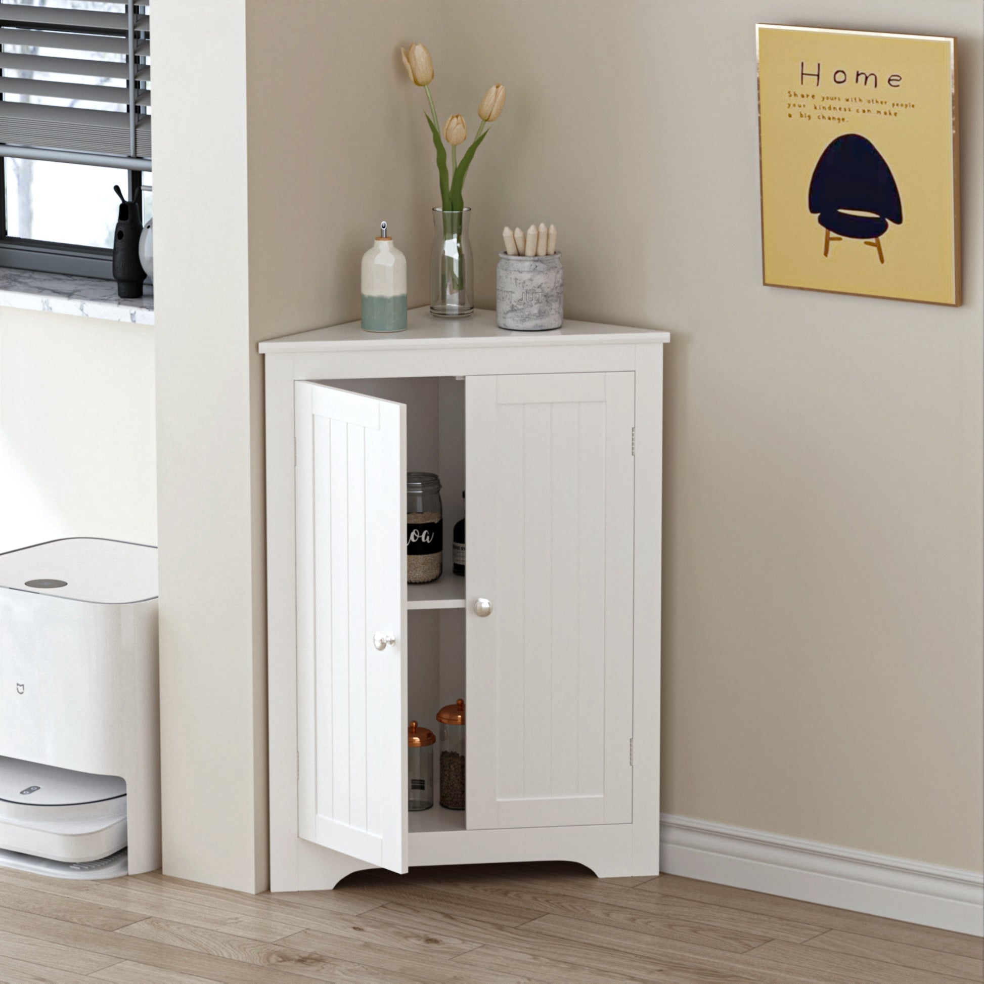 Floor Corner Cabinet With 2 Doors And Adjustable Shelves, Freestanding Narrow Cabinet Organizer, Corner Storage Cabinets For Bathroom, Kitchen, Living Room, Or Bedroom, White White 1 Mdf