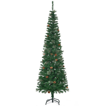 Homcom 6.5 Foot Pencil Artificial Christmas Tree, Slim Pine Needles Xmas Tree With Realistic Branches, Pine Cones, Metal Base, Green Green Plastic