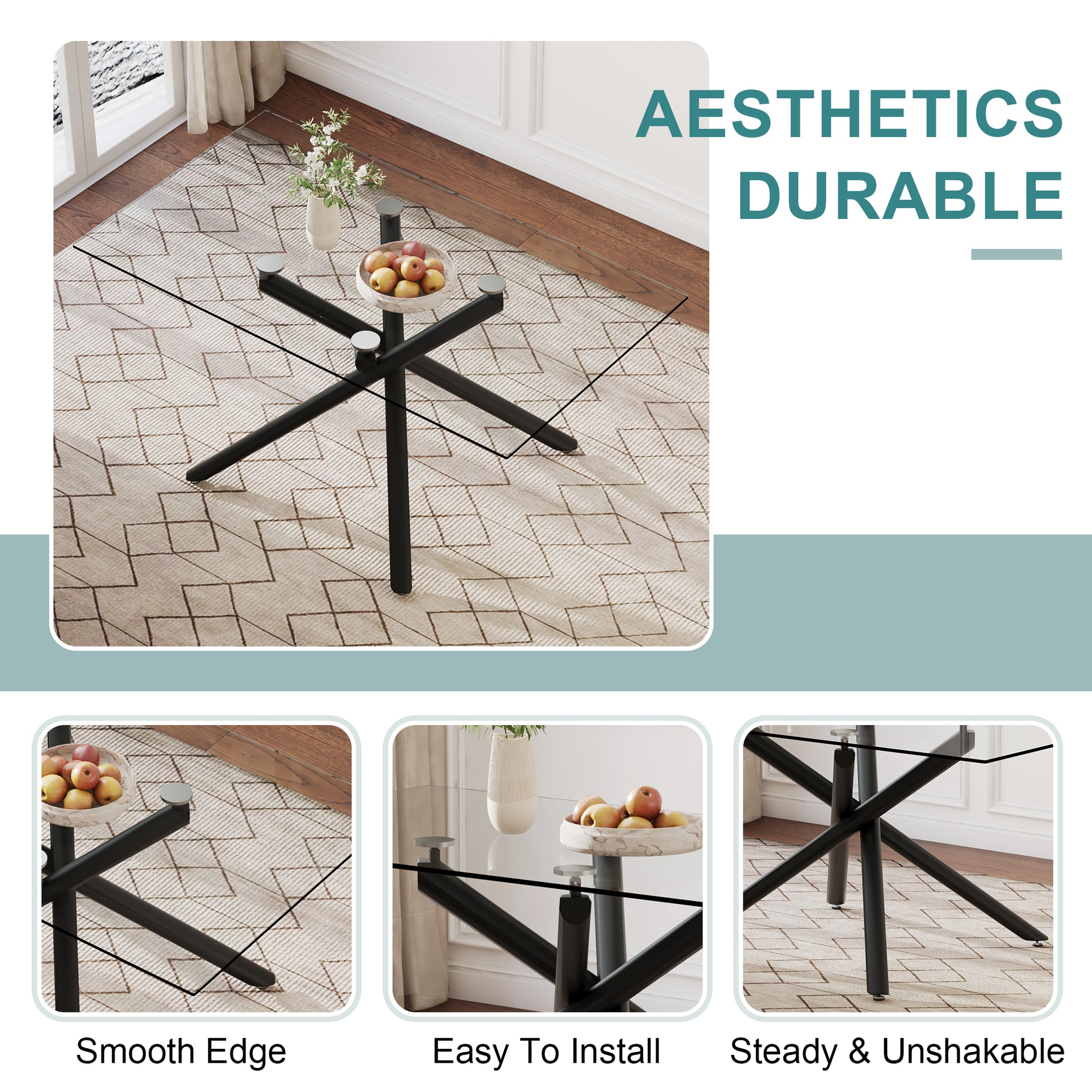 Table And Chair Set.Modern Rectangular Glass Dining Table With 0.39" Tempered Glass Tabletop And Black Metal Legs.Paired With Multiple Chairs Designed With Pu Cushions And Black Metal Legs. White Black Seats 4 Tempered Glass