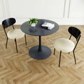 Modern Grey Simple Pu Dining Chair Upholstered Chair Family Bedroom Stool Back Dressing, Black Round Table Set, Bentwood Covered With Ash Veneer Chair Back, Chair Black Metal Legs Set Of 3 Black Mdf