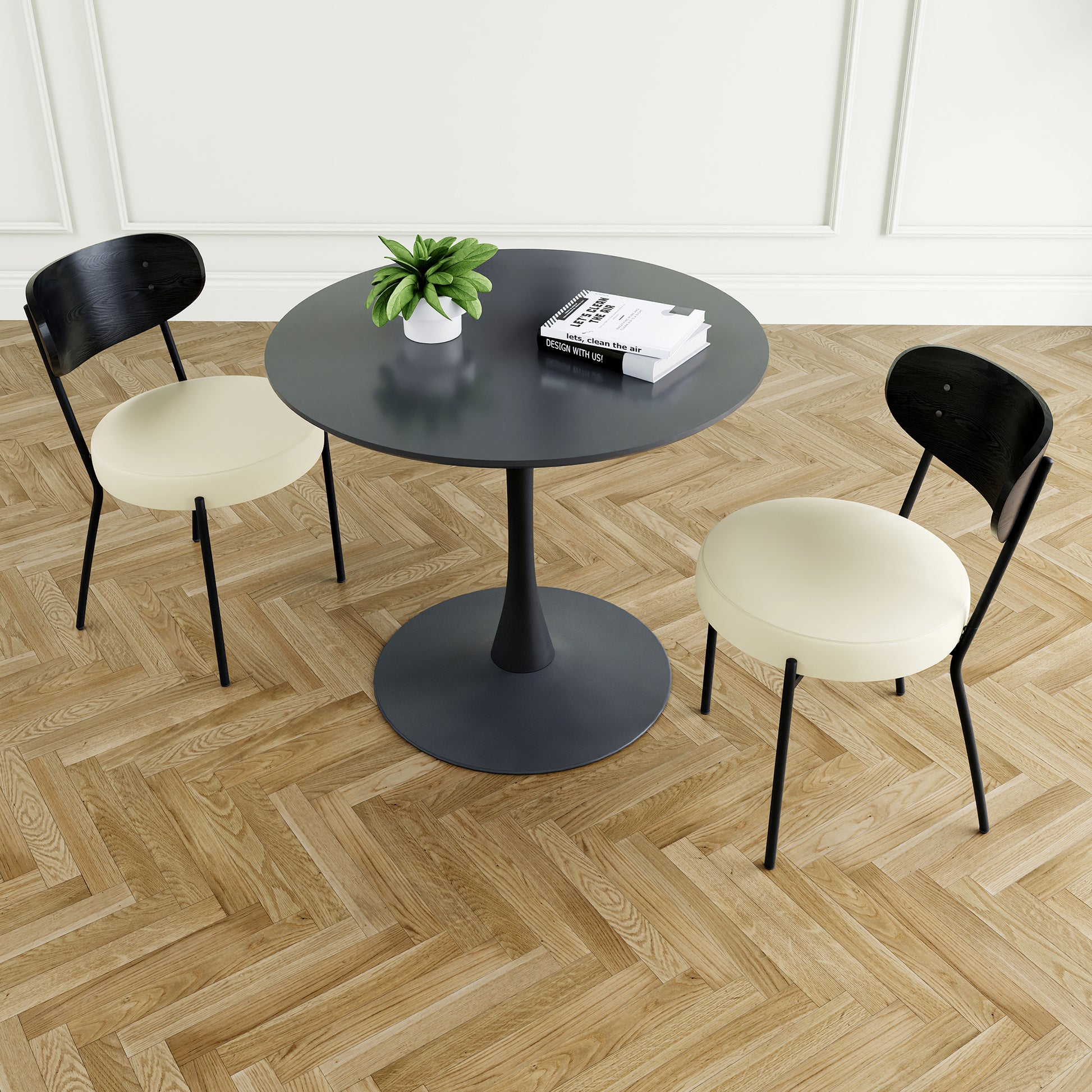 Modern Grey Simple Pu Dining Chair Upholstered Chair Family Bedroom Stool Back Dressing, Black Round Table Set, Bentwood Covered With Ash Veneer Chair Back, Chair Black Metal Legs Set Of 3 Black Mdf