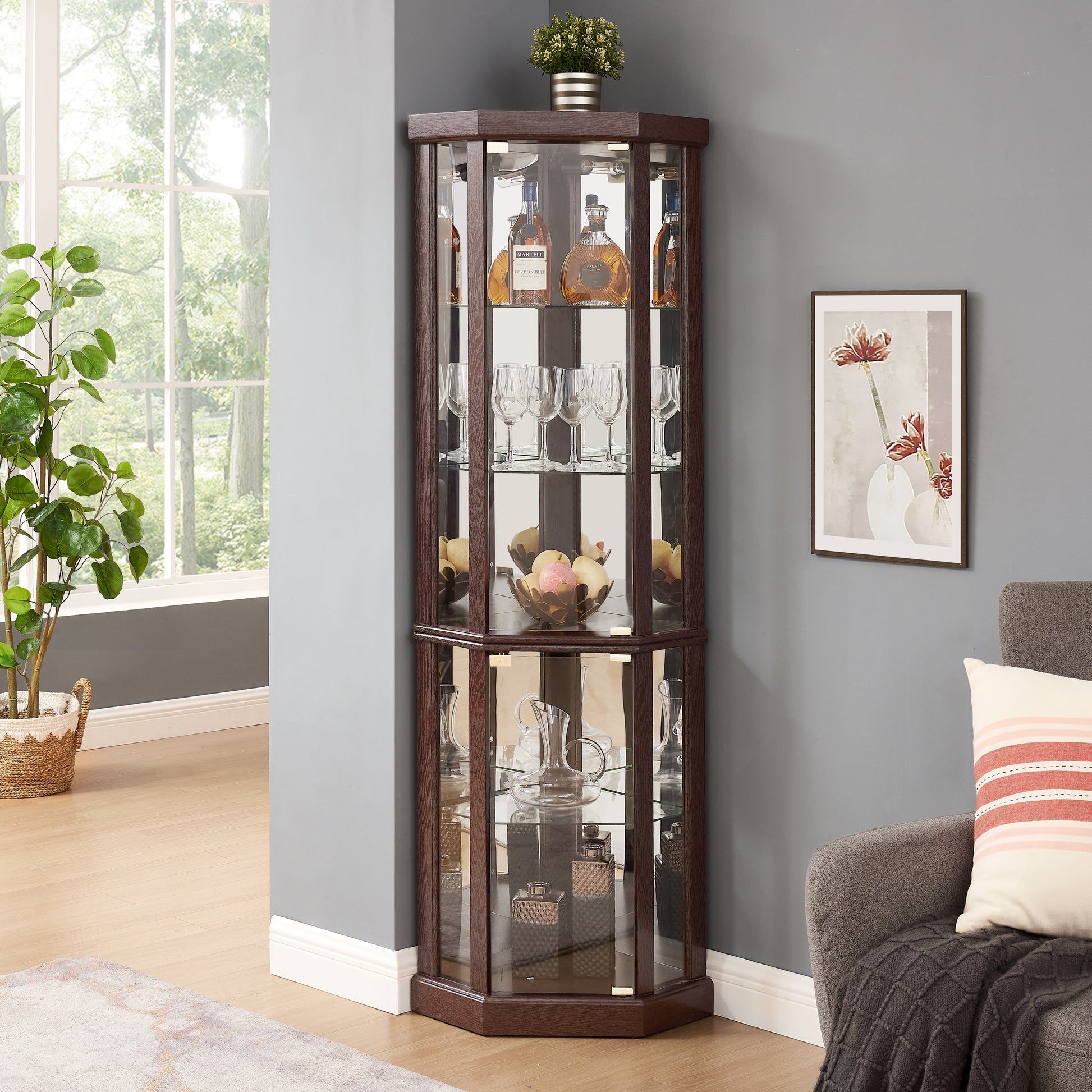 Corner Lighted Curio Cabinet Corner Glass Cabinet Lighted Curio Cabinet Corner Display Case For Living Room, Curio Cabinet, Antique Collection, Wine,Bar Glass Storage Light Included,Dark Cherry Cherry Mdf Glass