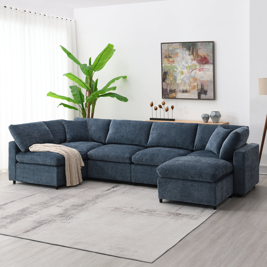 130*65" Modern Modular Cloud Sofa Bed, 6 Seat Chenille Sectional Couch Set With Ottoman,Free Combination,Convertible U Shaped Sleeper Sofa For Living Room, Apartment, 3 Colors Dark Blue Chenille 6 Seat