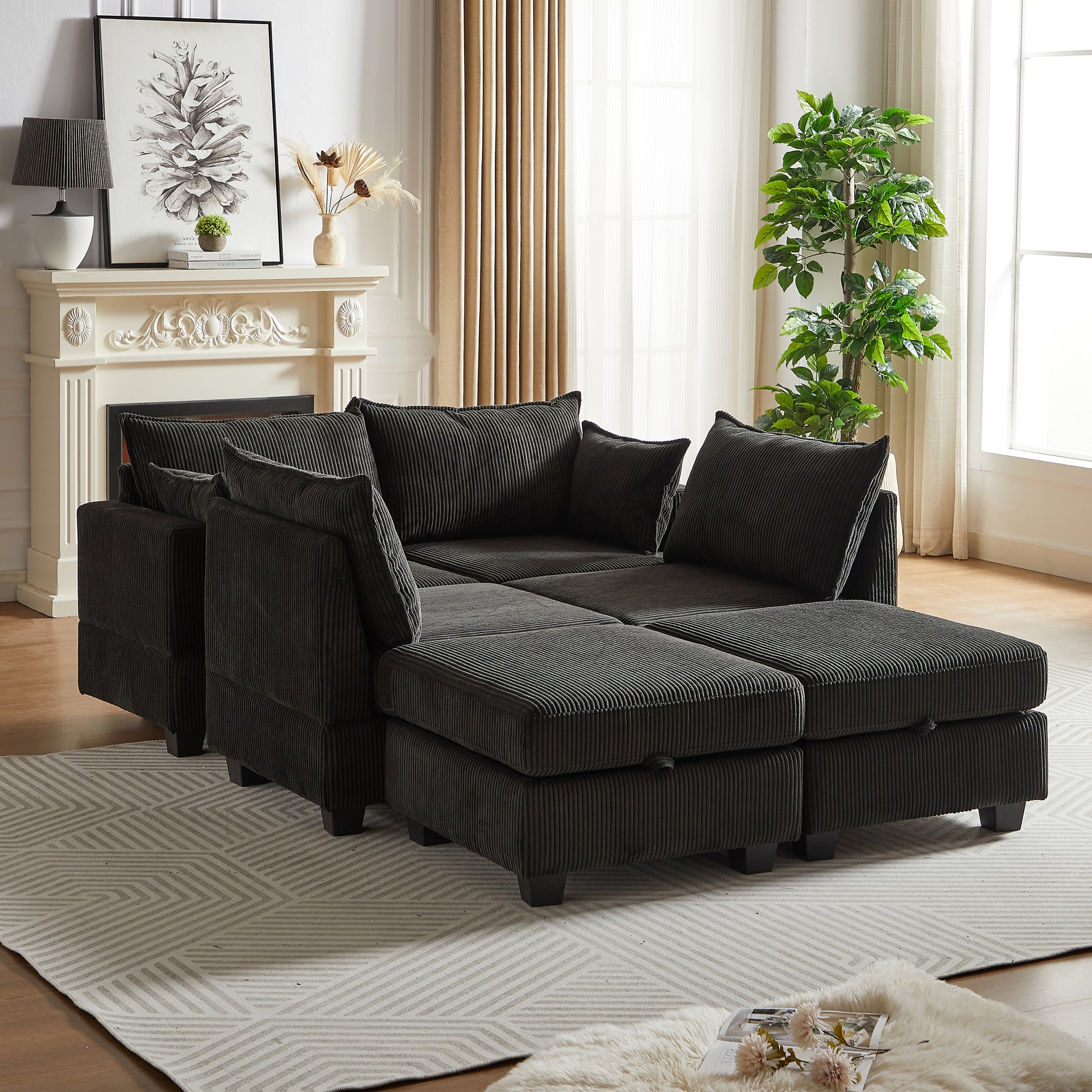 113.5'' Modular Sectiona Corduroy Sofa, Sectional Couches For Living Room U Shaped Sectional Couch With Storage Ottoman, 6 Seats Convertible Sectionals With Chaise Black Corduroy 6 Seat