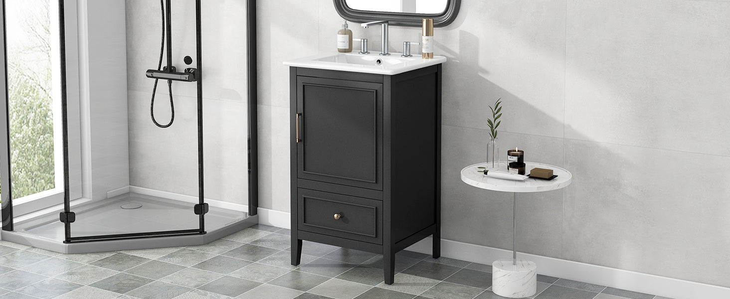 20" Bathroom Vanity With Sink, Bathroom Cabinet With Two Doors, Door Shelf Storage And Adiustable Foot Pads, A Drawer, Black Black Solid Wood Mdf