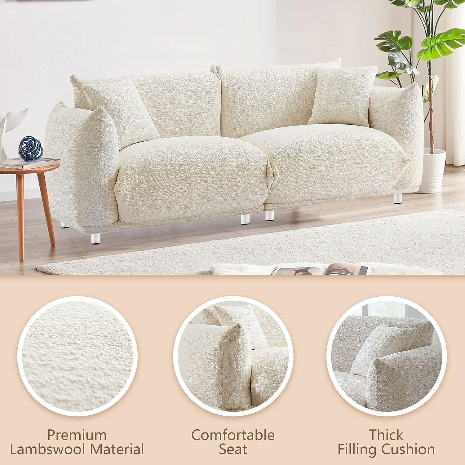 87'' Oversized Loveseat Sofa For Living Room, Sherpa Sofa With Metal Legs, 3 Seater Sofa, Solid Wood Frame Couch With 2 Pillows, For Apartment Office Living Room White White Fabric 2 Seat