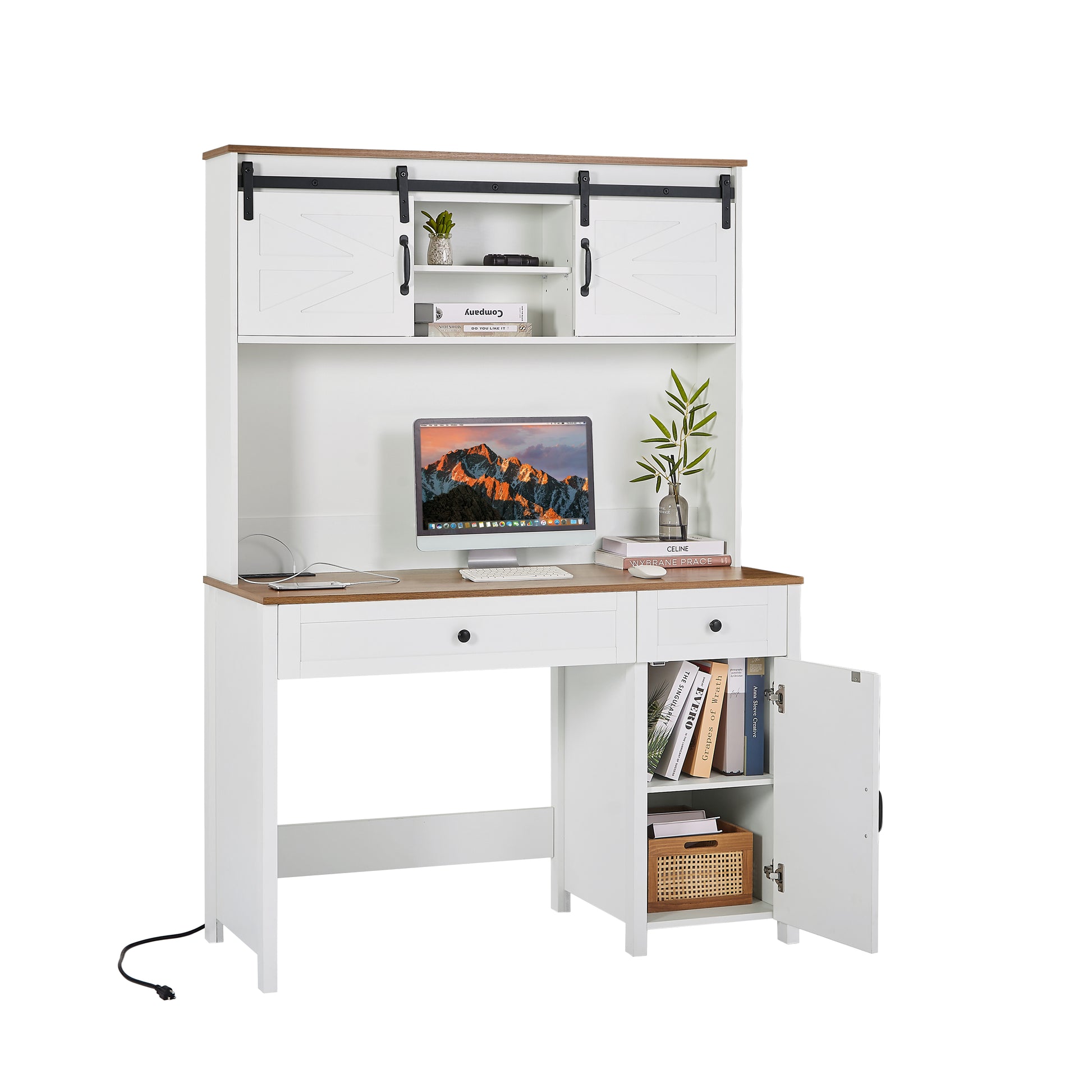 52" Farmhouse Executive Desk With Drawers, Wood Home Office Desk W Charging Station, File Drawer, Storage Cabinet, Rustic Computer Writing Desk Antique White White White Particle Board