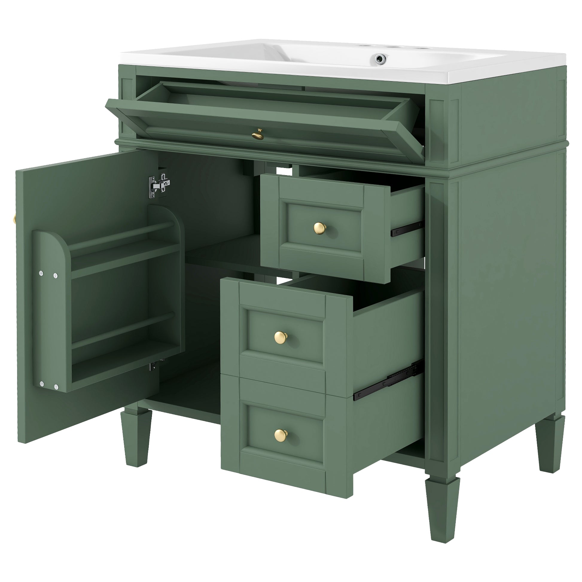 30'' Bathroom Vanity With Top Sink, Modern Bathroom Storage Cabinet With 2 Drawers And A Tip Out Drawer, Single Sink Bathroom Vanity 3 Green 1 2 Bathroom Freestanding Solid Wood Mdf Resin Painted