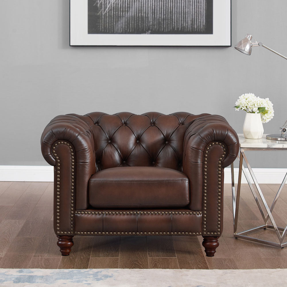 Alton Bay Top Grain Leather Chair Brown Primary Living Space Mid Century Modern Eucalyptus Down Filling Leather