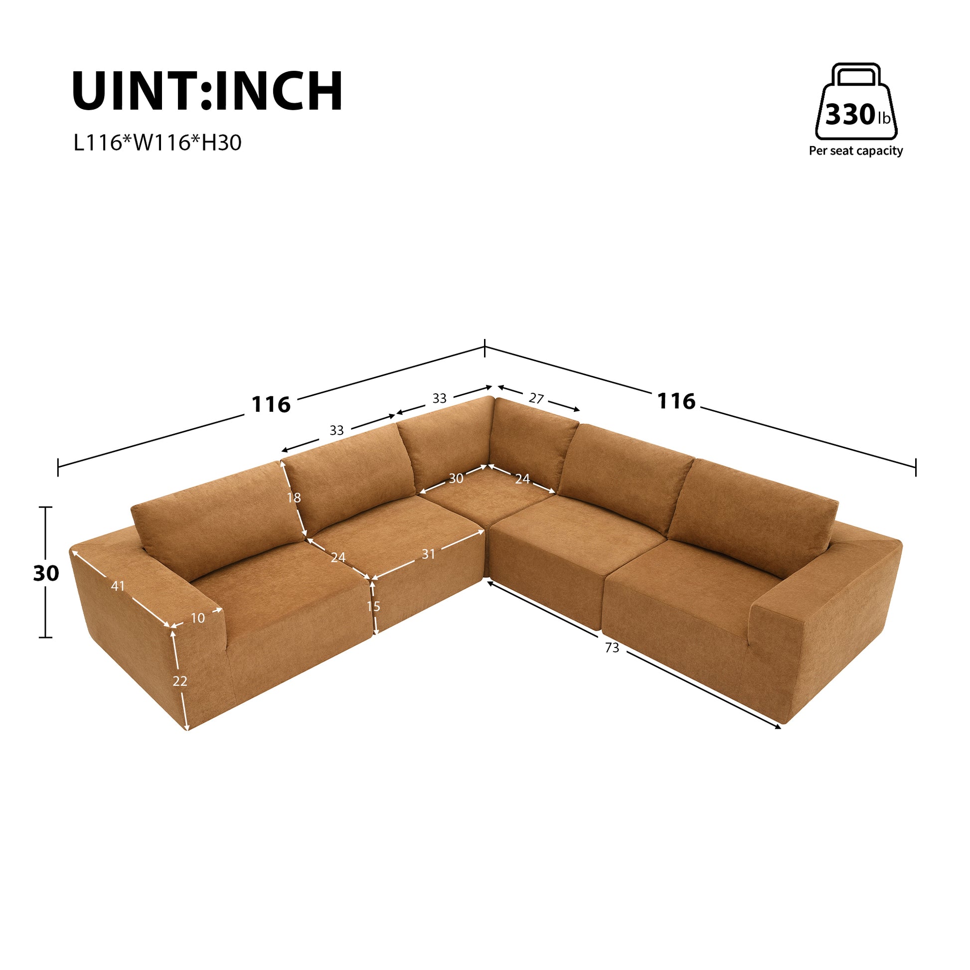 116*116" Modular L Shaped Sectional Sofa,Luxury Floor Couch Set,Upholstered Indoor Furniture,Foam Filled Sleeper Sofa Bed For Living Room,Bedroom,5 Pc Free Combination,3 Colors Brown Fabric 5 Seat