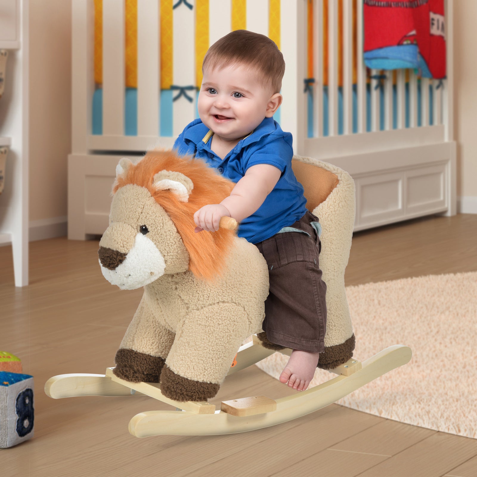 Qaba Baby Rocking Horse Lion With Sound, Plush Stuffed Rocking Animals, Wooden Rocking Horse With Seat Belt For 18 36 Months Boys And Girls Gift, Brown Brown Plush