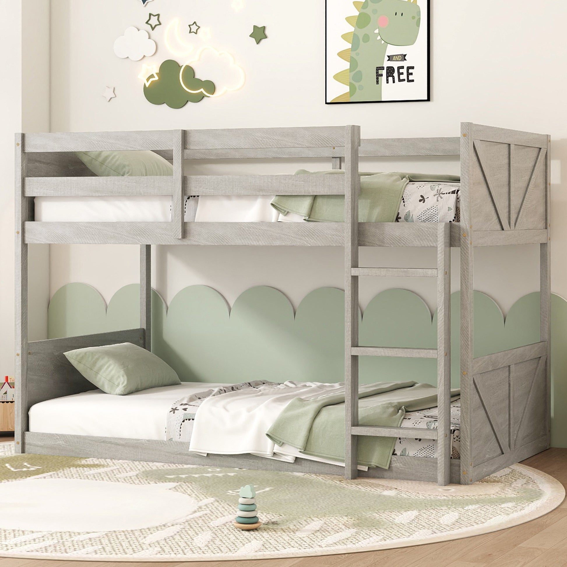 Twin Over Twin Floor Bunk Bed With Panelled Headboard And Footboard, Solid Rubber Wood Foundation With Safety Guardrails, Built In Ladder,Antique White Twin Antique White Rubber Wood