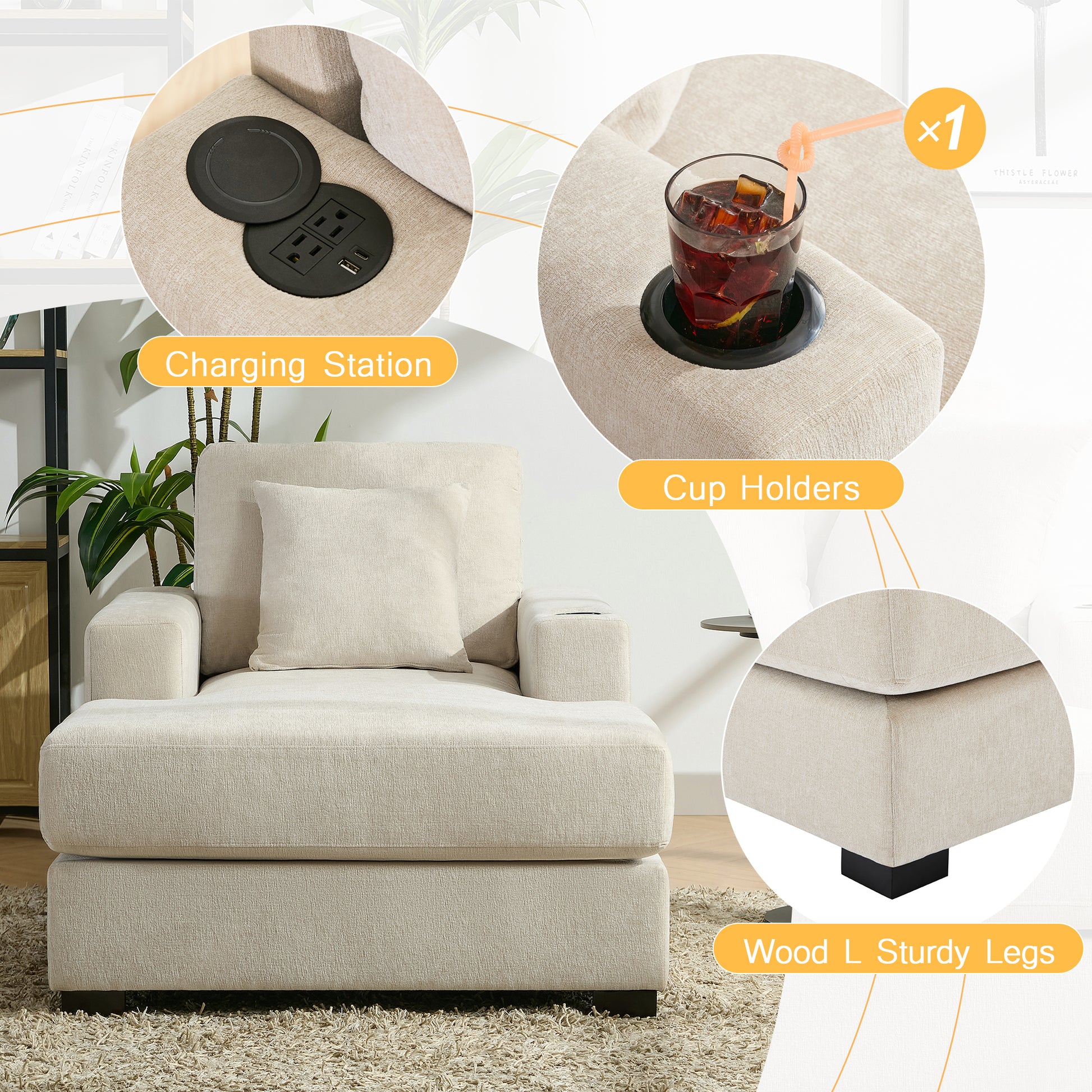 39.7" Oversized Chaise Lounger Modern Style Sofa Couch ,With Pillows, Charge Station & Cup Holders, Chenille Fabric, Cream Cream Chenille