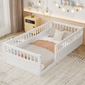 Twin Floor Bed Frame With Fence, Wood Kids Floor Beds Frame For Bedroom Playroom,White Twin White Pine