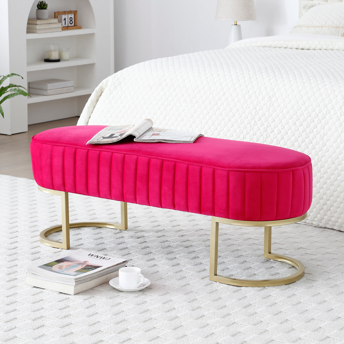 Bench Bedroom Bench ,Velvet Oval Upholstered End Of Bed Bench With Golden Metal Legs ,48" Modern Storage Ottoman Bench For Bedroomliving Room, Entryway Window ,Rose Red Rose Red Velvet