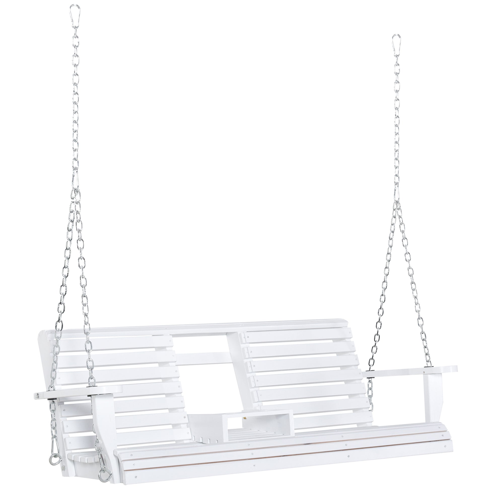 Outsunny 3 Seater Wooden Porch Swing, Patio Swing Bench With Folding Coffee Table, Cup Holders And Chains Included, 440Lbs Weight Capacity, White White Wood