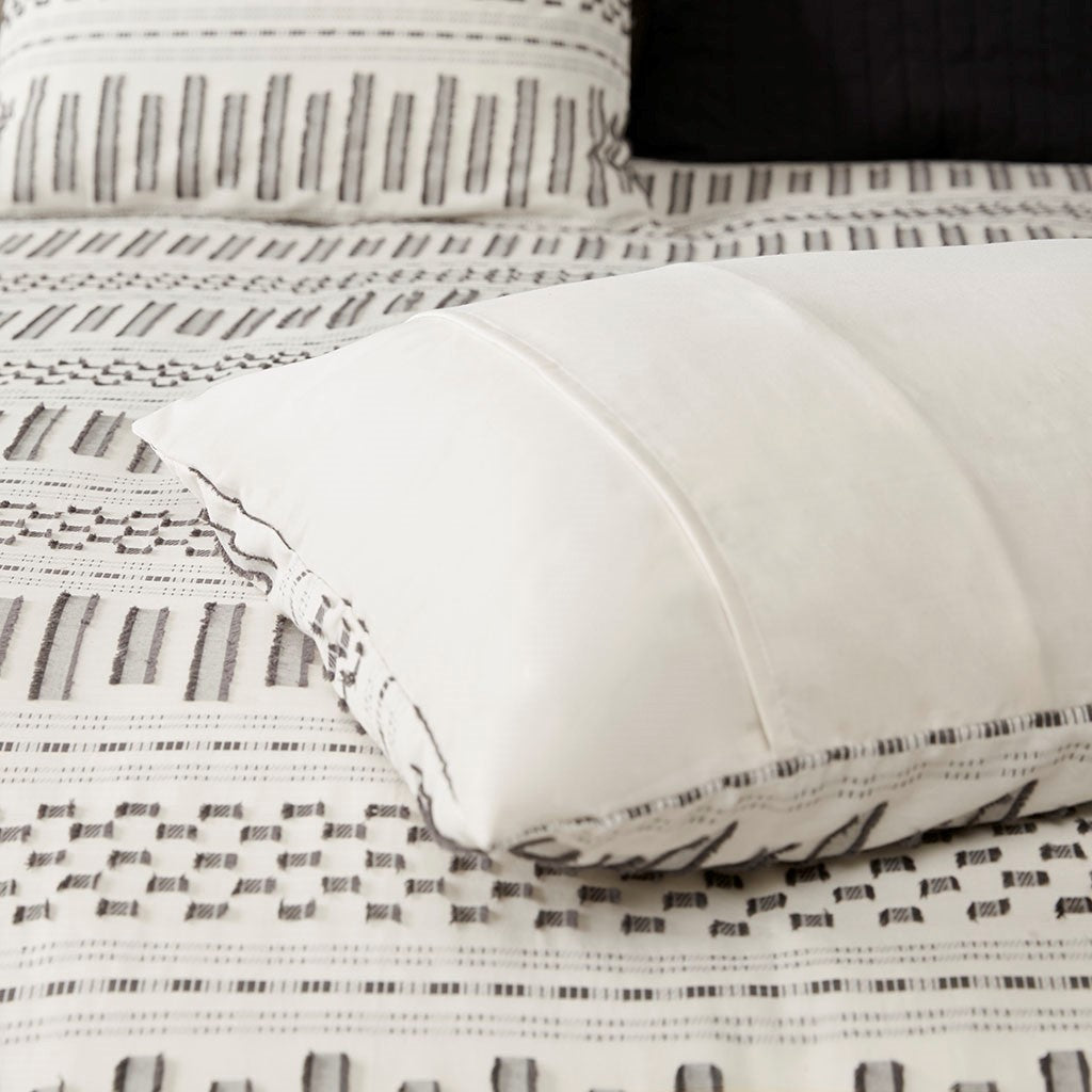 Cotton Jacquard Comforter Mini Set Ivory Charcoal Full Queen Queen Ivory Charcoal Cotton