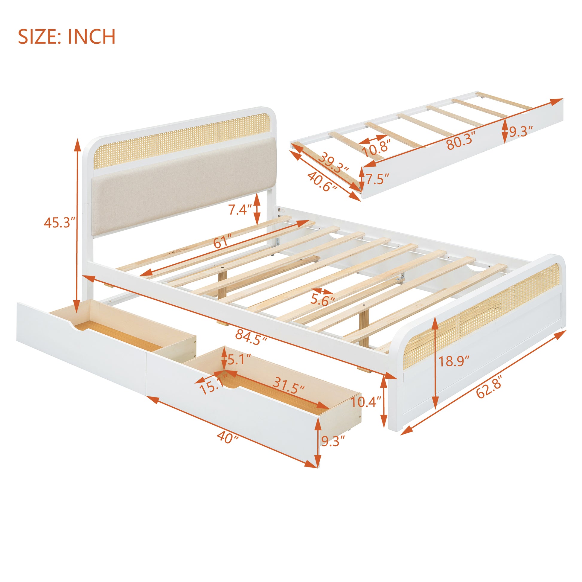 Queen Size Wooden Platform Bed With Trundle And 2 Drawers,White Queen White Solid Wood Mdf