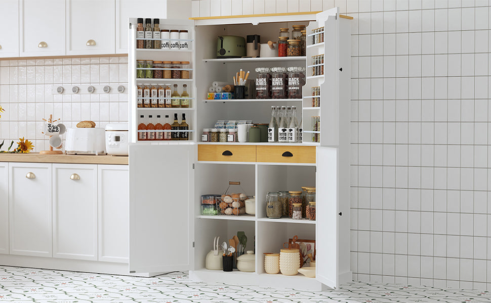 Assembly 40.2X20X71.3Inch High Freestanding Kitchen Pantry Large Cupboard Storage Cabinet With 2 Drawers, 2 Adjustable Shelves, 8 Door Shelves For Kitchen, Dining Room,White White Kitchen Farmhouse