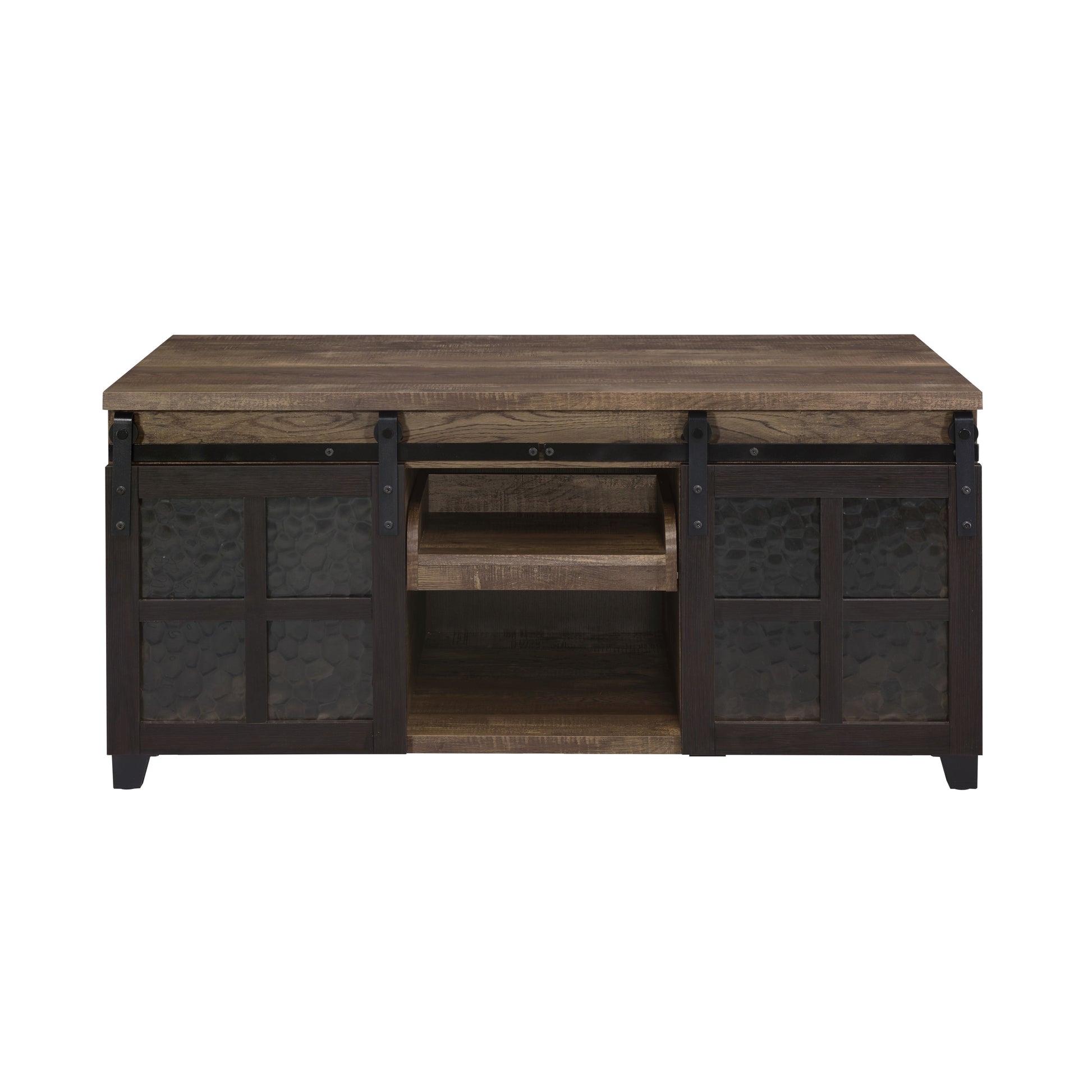 Rustic Oak And Black Coffee Table With Sliding Doors Rustic Primary Living Space Oak Rectangular Wood Metal