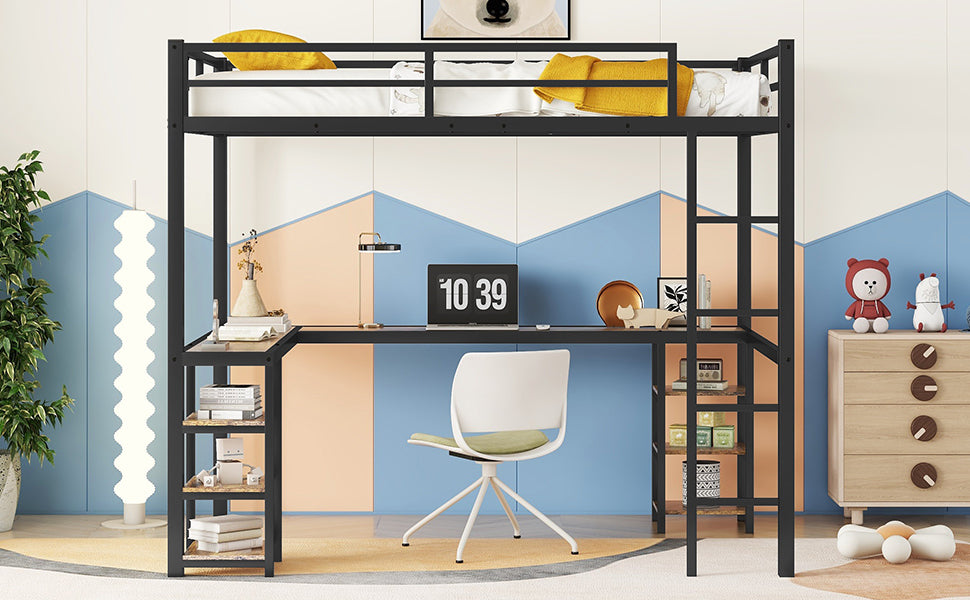 Full Xl Metal Loft Bed With Desk And Shelves, Loft Bed With Ladder And Guardrails, Loft Bed Frame For Bedroom, Black Full Xl Black Metal