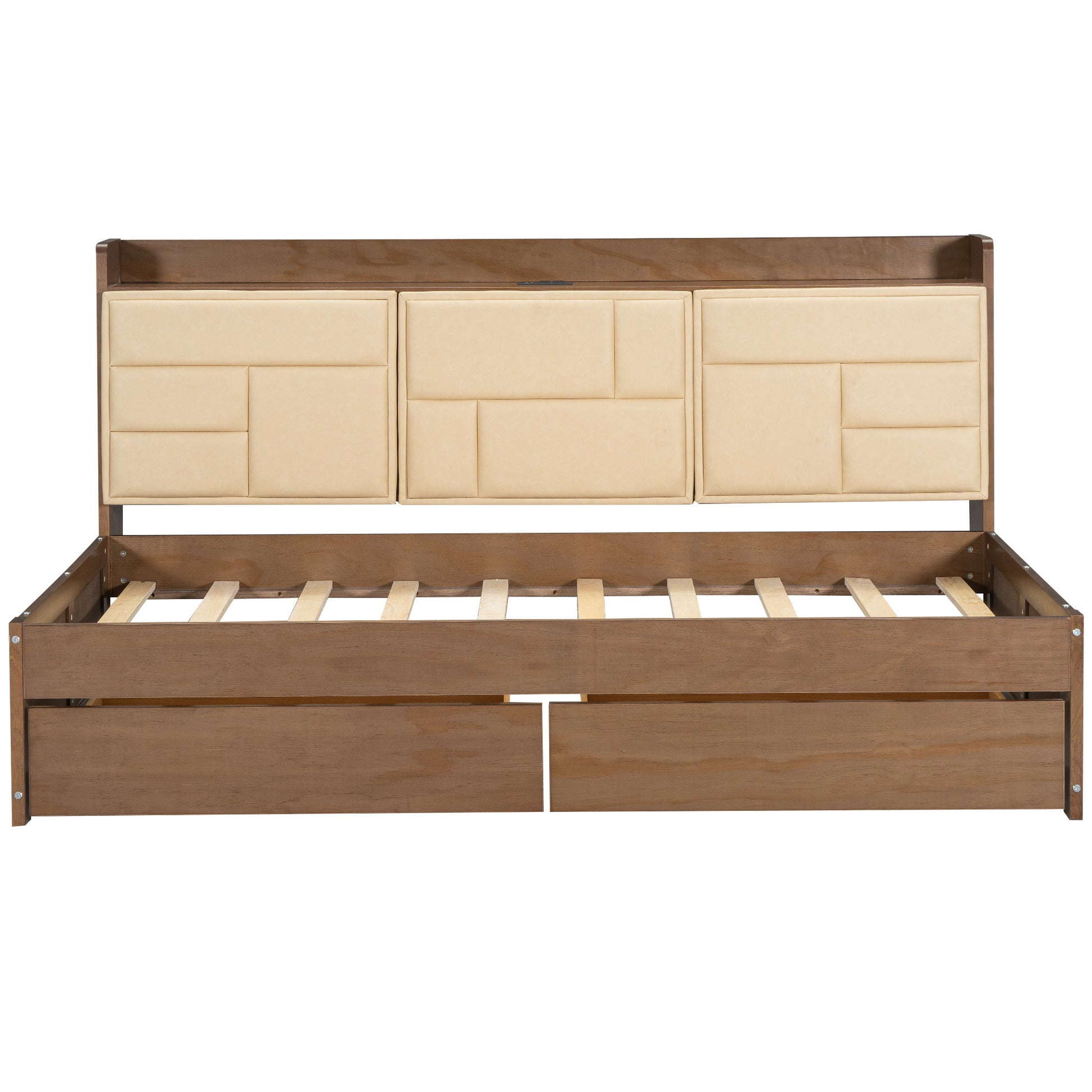 Twin Size Wood Daybed With Upholstered Storage Shelves, Usb Ports And 2 Drawers, Wood Color Box Spring Not Required Twin Wood Wood Bed Frame Solid Wood Mdf