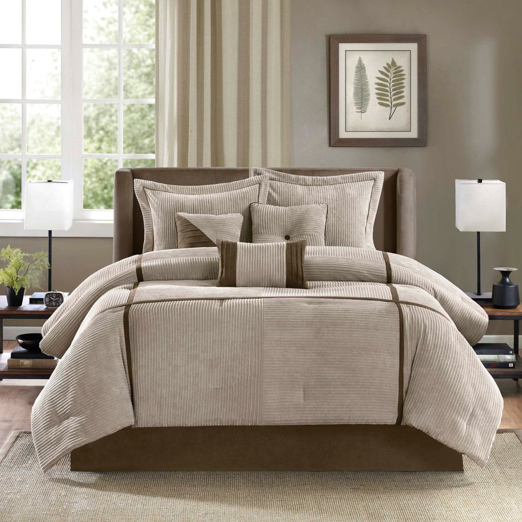 7 Piece Micro Corduroy Comforter Set Taupe Queen Queen Taupe Polyester