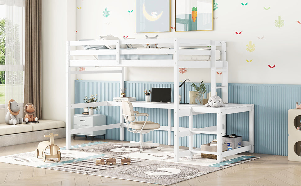 Full Loft Bed With Built In Desk, Ladder Platform, Ladders, Guardrails,White Full White Bedroom American Design Pine