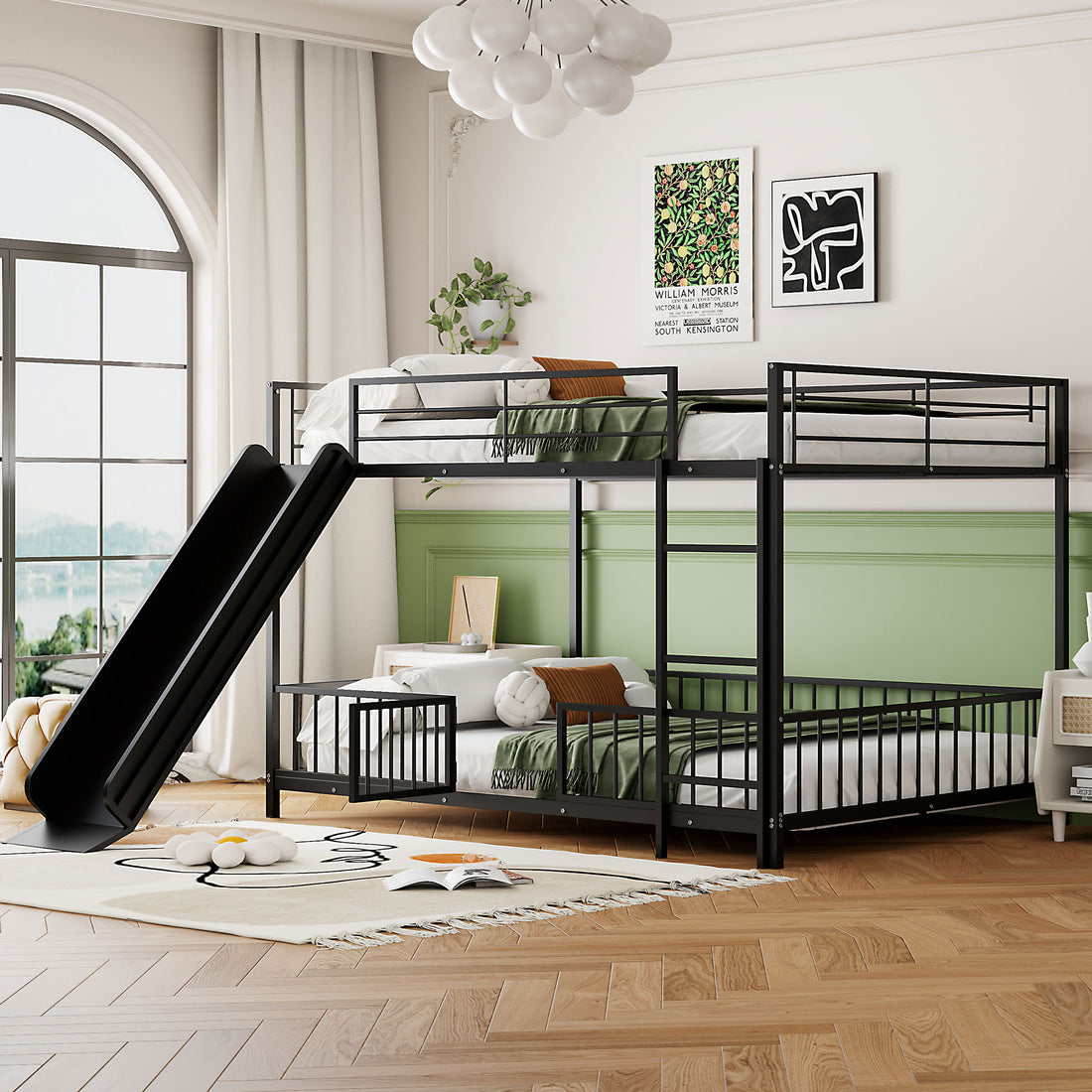 Full Over Full Size Metal Bunk Bed With Slide And Guardrails, Black Full Black Metal