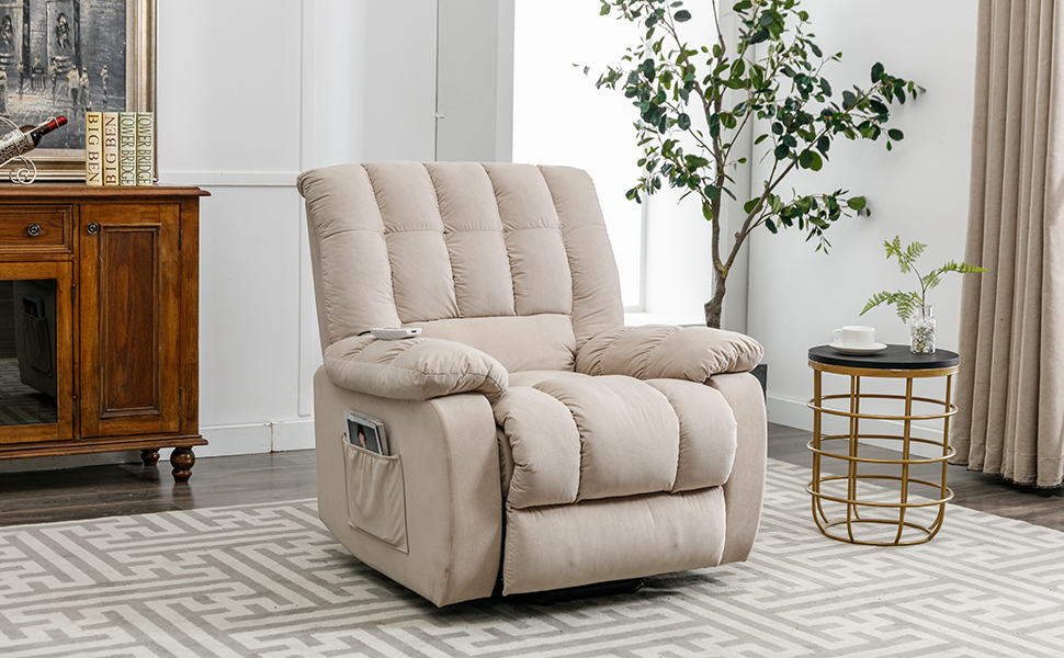 Massage Recliner Chair Electric Power Lift Recliner Chairs With Heat, Vibration, Side Pocket For Living Room Bedroom, Beige Beige Velvet