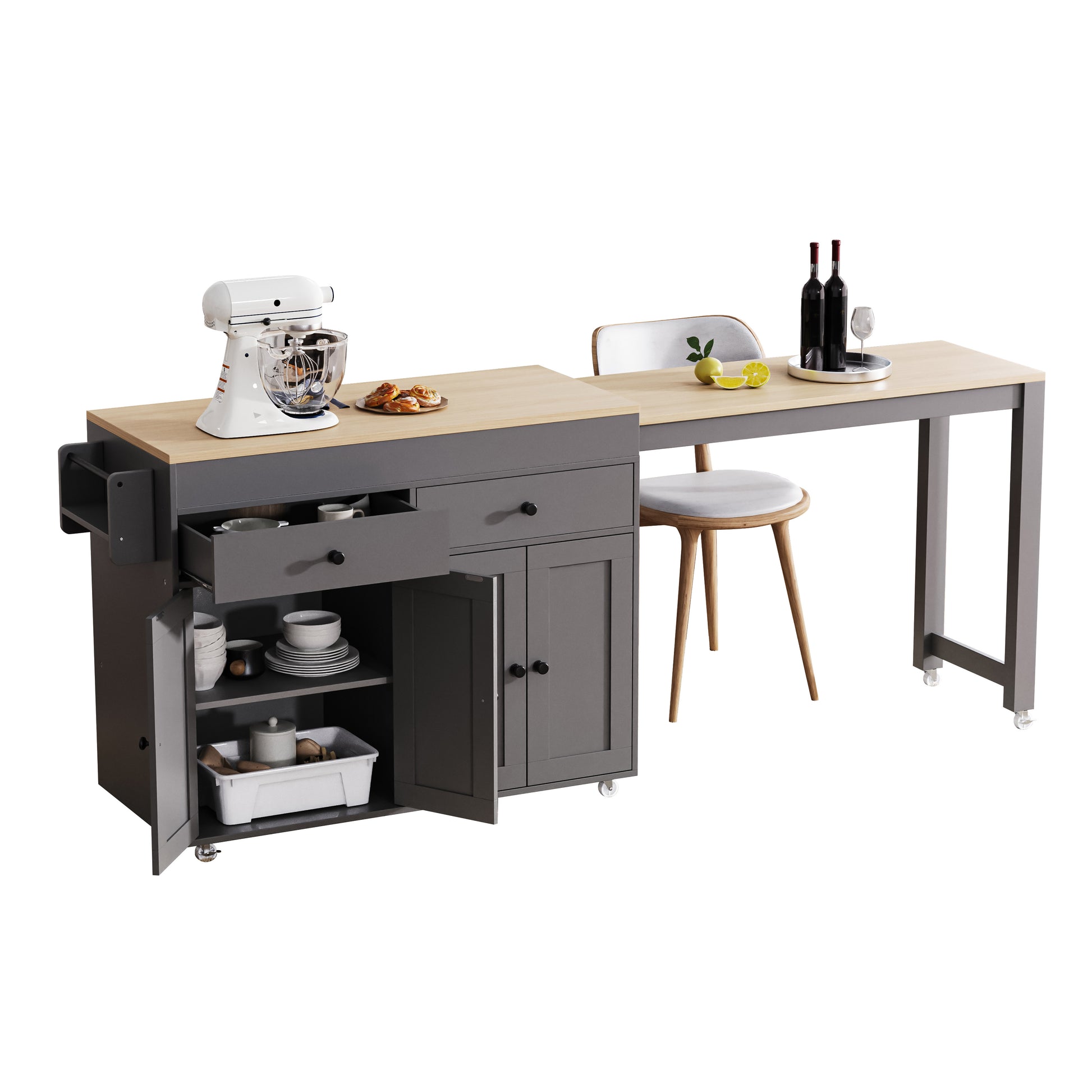 K&K 74.5 Inch Kitchen Island With Extendable Dining Tablerolling Kitchen Island On Wheels With Spice Rack And 2 Drawers, Kitchen Storage Cart With 4 Door Cabinet, For Kitchen, Dining Room, Grey Grey