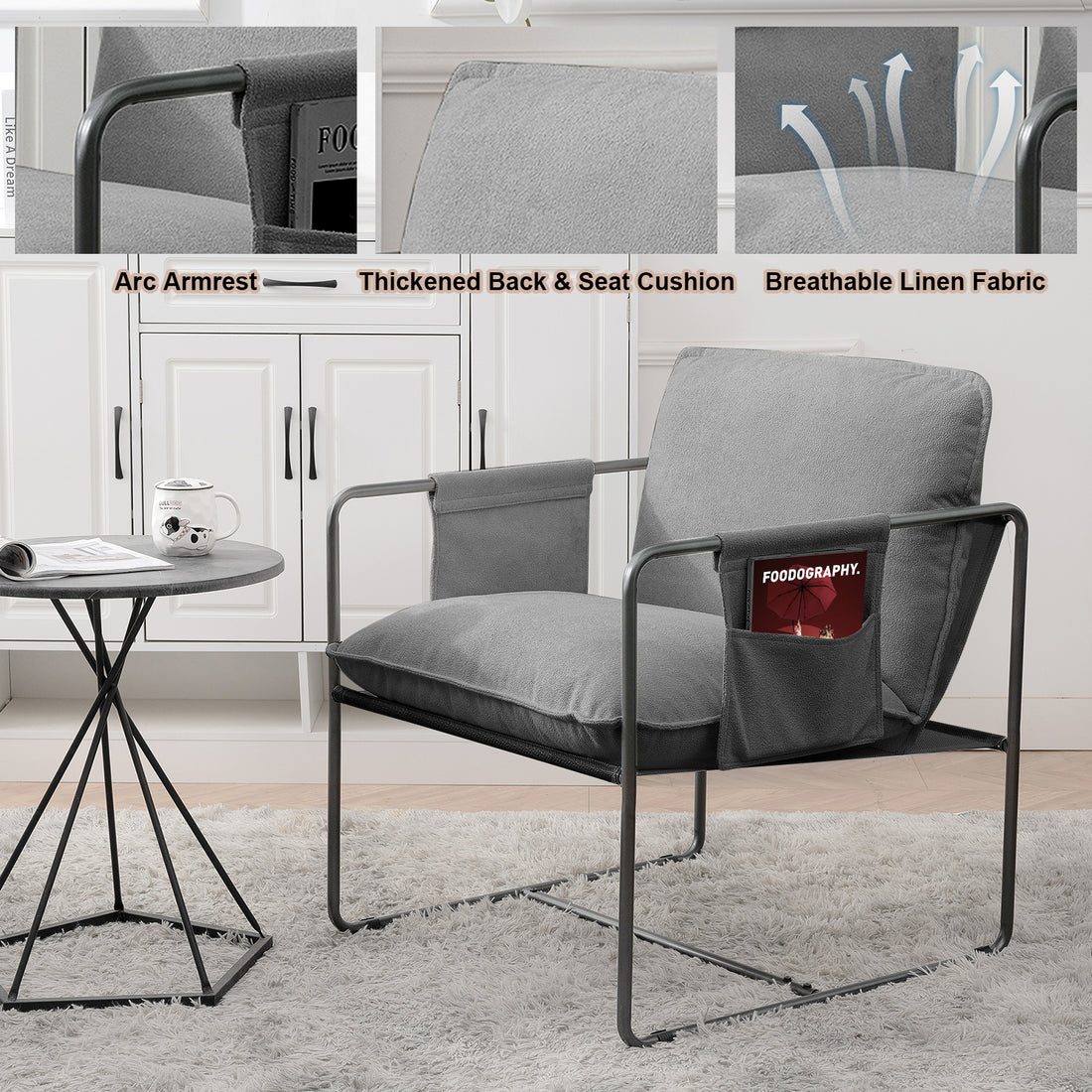 2 Sets 1 Case, Upholstered Hanging Armchair With Arm Pocket Metal Frame, Crushed Foamcushions And Skin Friendly Braid For Living Room And Bedroom. Grey Color Grey Foam Polyester
