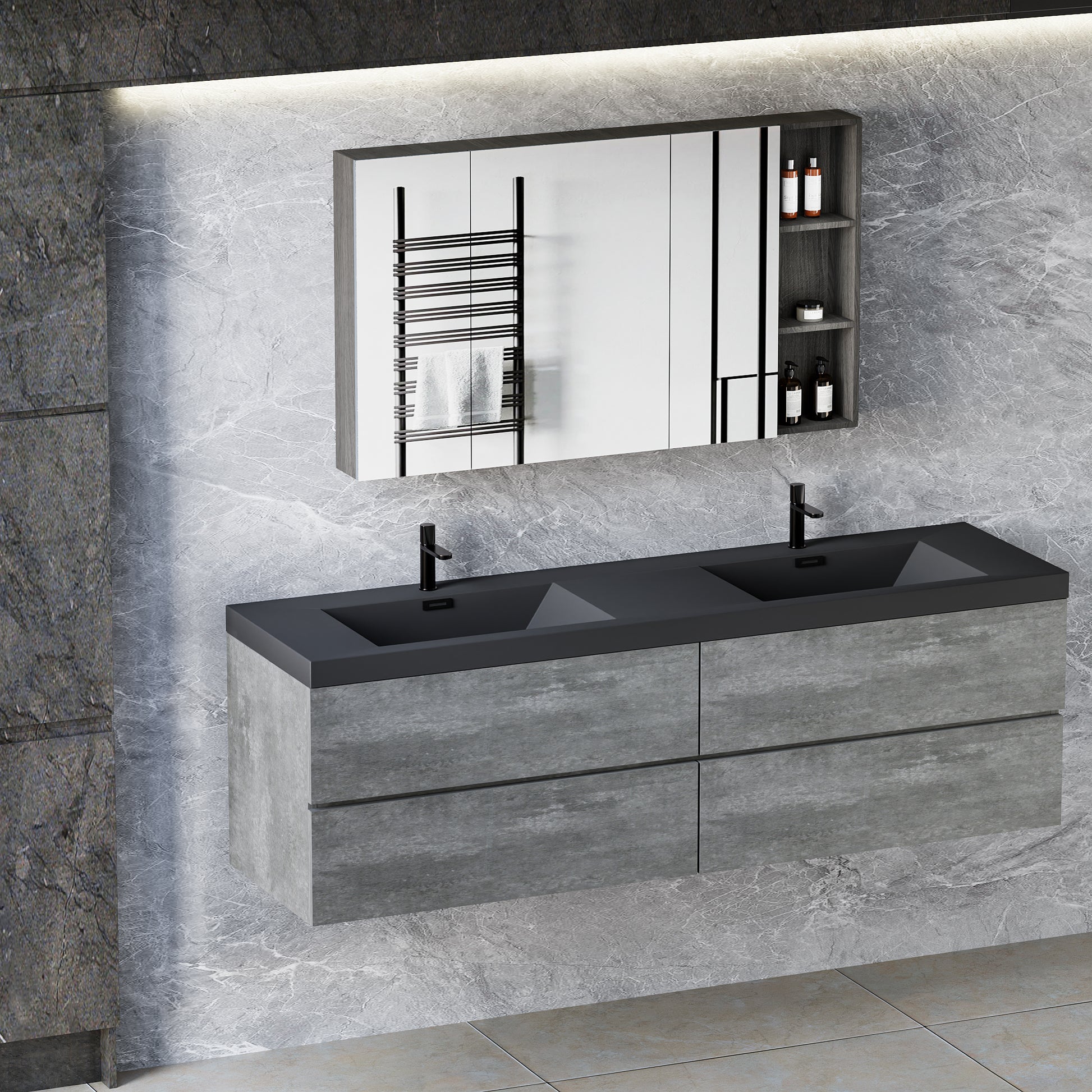 72" Floating Bathroom Vanity With Sink, Modern Wall Mounted Bathroom Storage Vanity Cabinet With Two Black Quartz Sand Top Basins And Four Soft Close Drawers, 24V12 72Gr Grey 4 Grey Wall Mounted Plywood