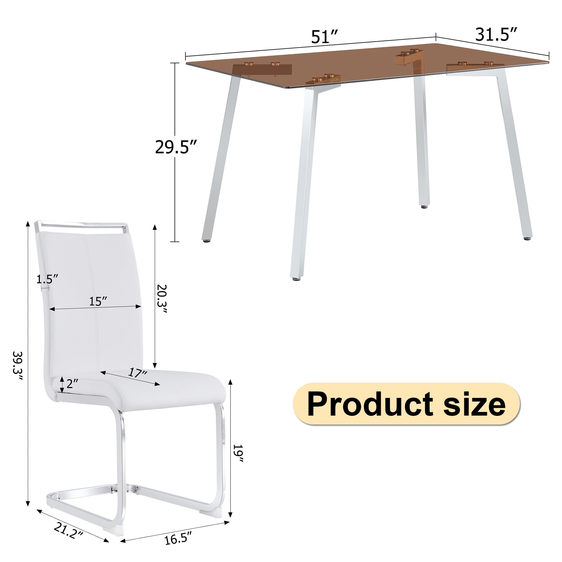 1 Table And 4 Chairs, Brown Tempered Glass Tabletop And Silver Metal Legs, Modern Minimalist Style Rectangular Glass Dining Table, Paired With 4 Modern Silver Metal Leg Chairs. 1123C 1162 Brown Seats 4 Glass