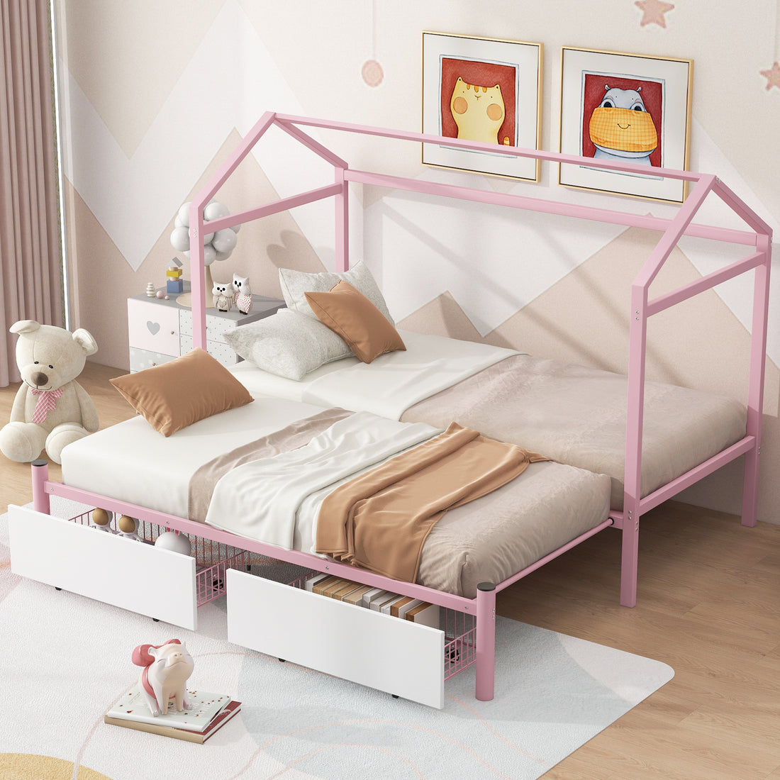 Twin Xl To King Metal Twin Size House Platform Bed With 2 Drawers, Pink Box Spring Not Required Twin Xl Pink Metal Bed Frame Metal