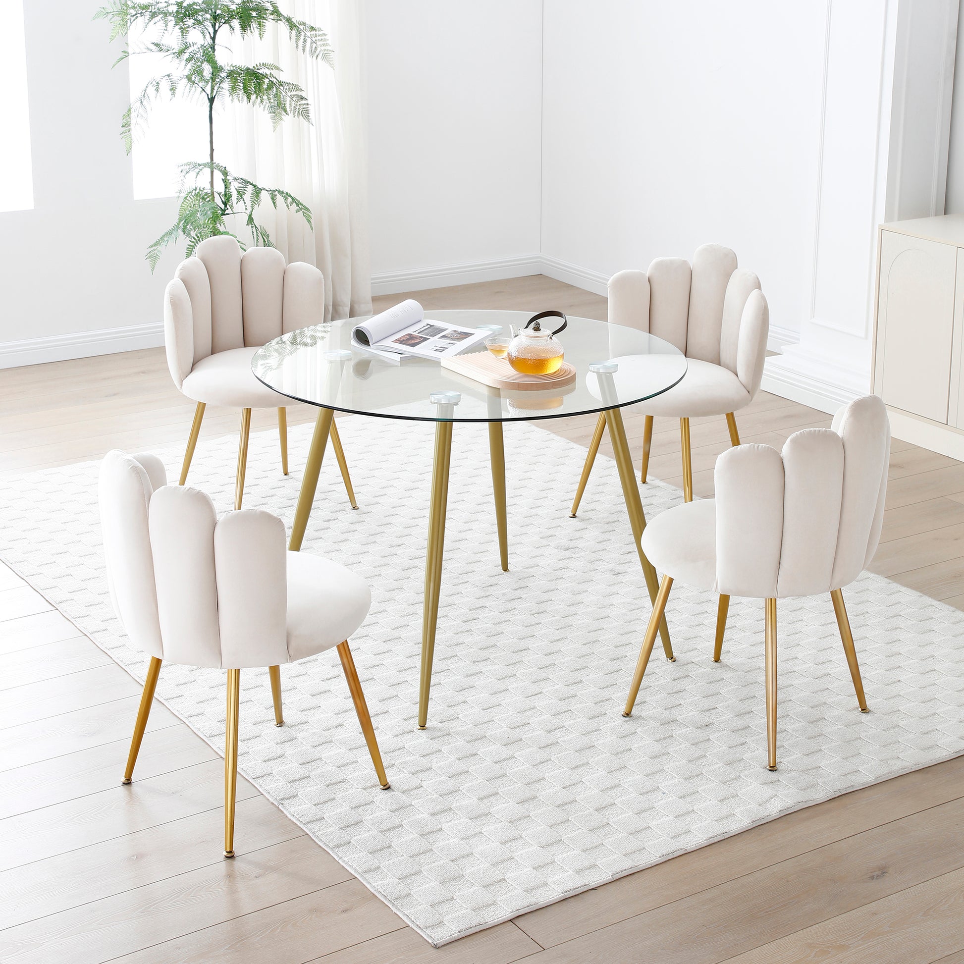 Modern Velvet Dining Chairs Set Of 2, Upholstered Woven Dining Chair With Golden Metal Legs, Upholstered Dining Chairs For Dining Room, Kitchen, Vanity, Living Room Beige Primary Living Space Foam Velvet