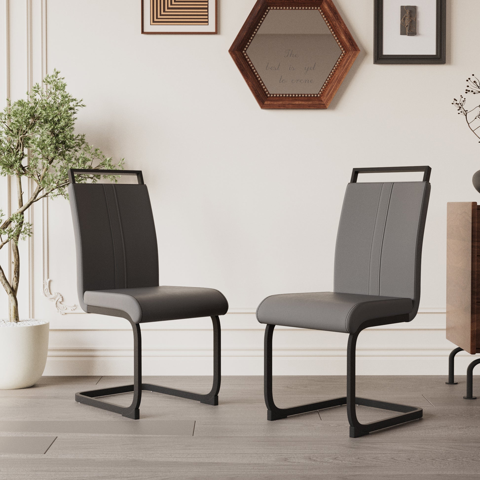 Modern Dining Chairs,Pu Faux Leather High Back Upholstered Side Chair With C Shaped Tube. Black Metal Legs For Dining Room Kitchen Vanity Patio Club Guest Office Chair Set Of 2 Grey Pu Grey Foam Pu
